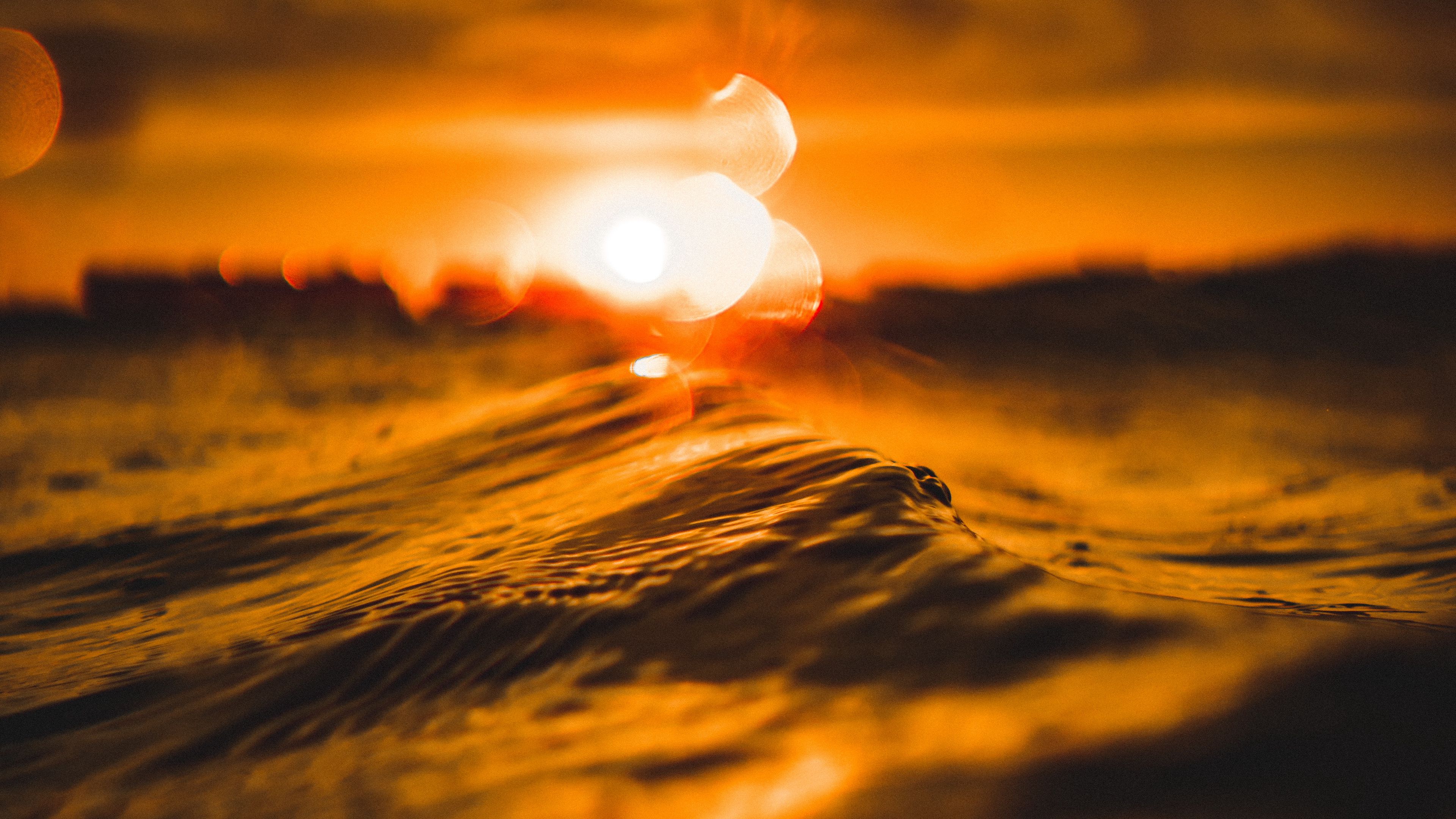 water, glare, bokeh, sunset, blur, 4k, HD Wallpaper