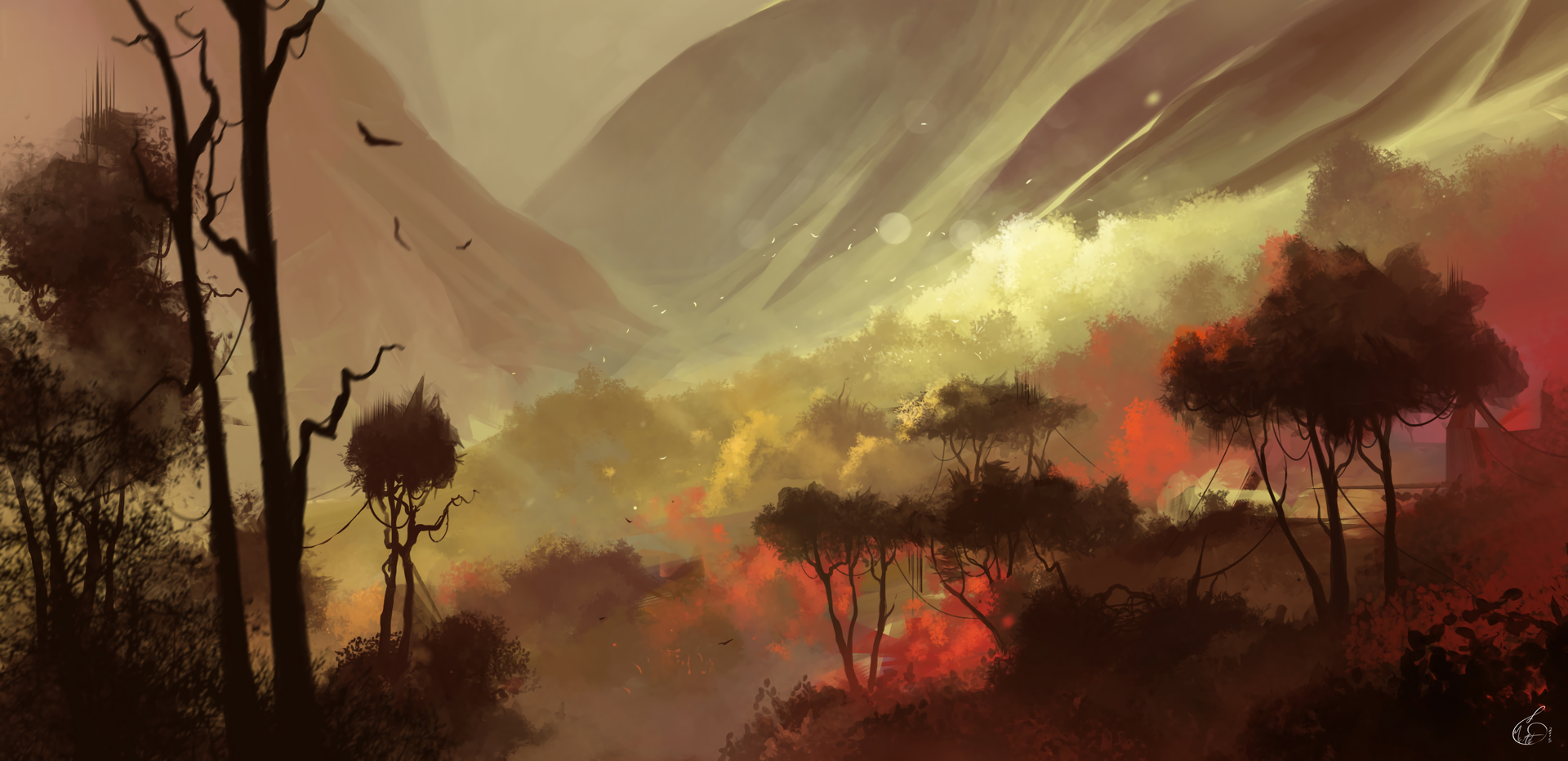artwork, digital art, painting, trees, HD Wallpaper