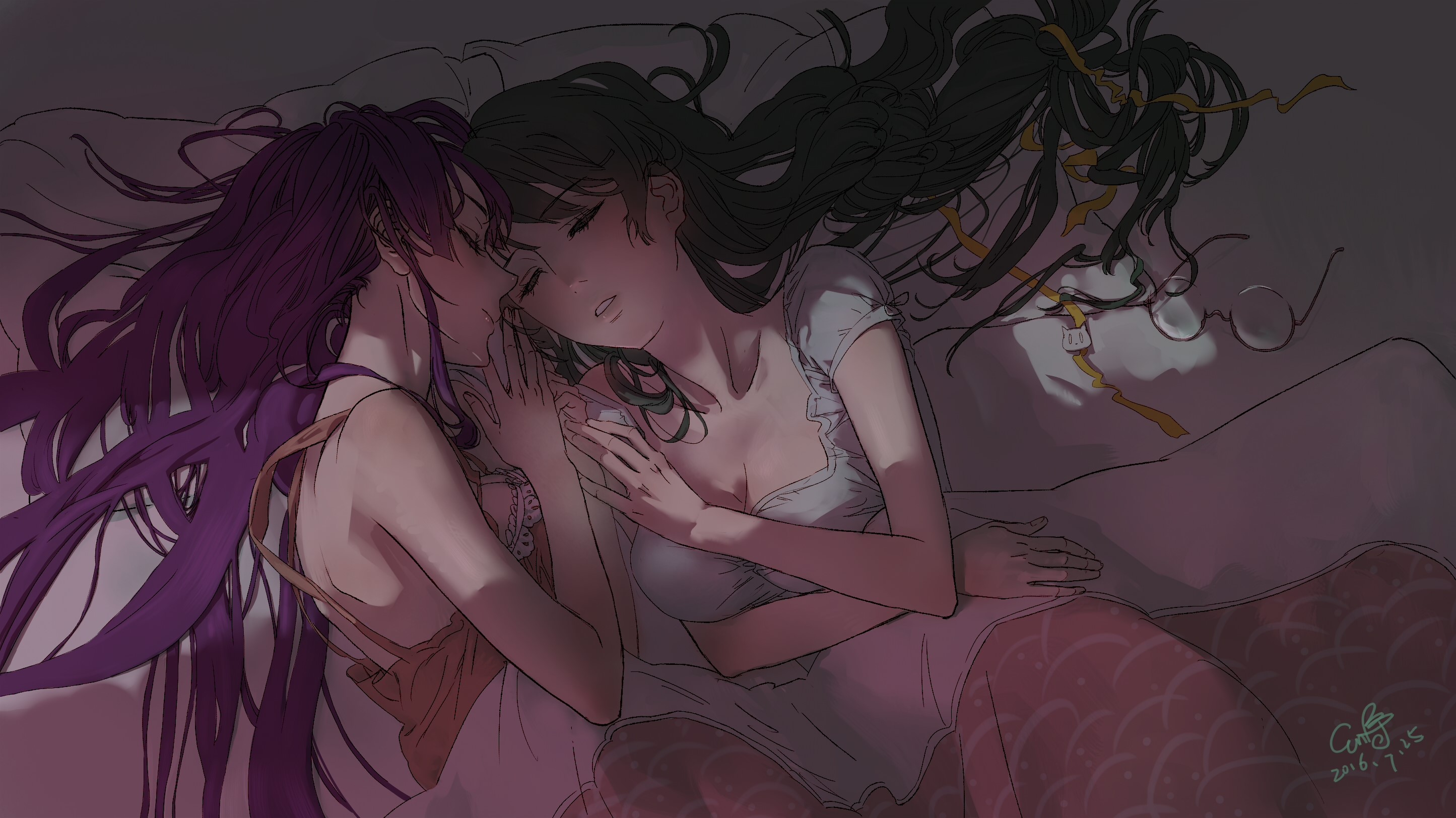 long hair, black hair, purple hair, anime girls, women with glasses, sleeping, violet hair, Monogatari Series, Hanekawa Tsubasa, Senjougahara Hitagi, HD Wallpaper