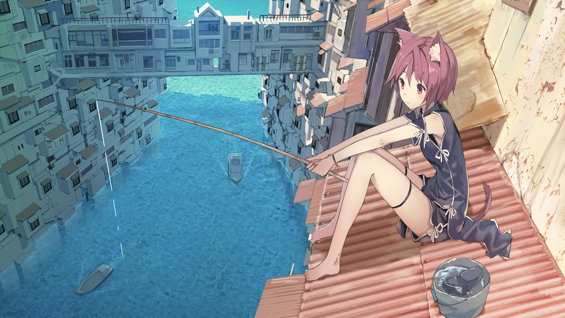 anime, anime girls, animal ears, pink eyes, fishing, HD Wallpaper