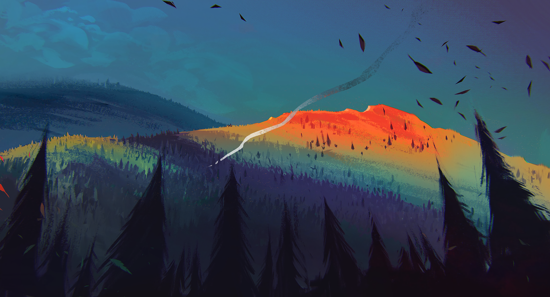 mountains, trees, smoke, leaves, artwork, digital art, forest, HD Wallpaper
