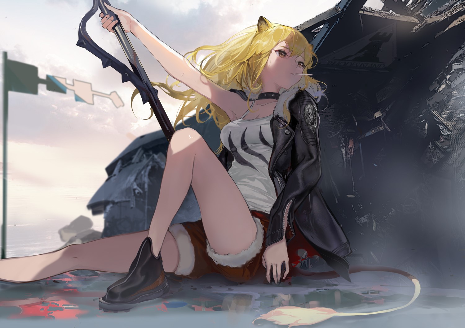 portrait, long hair, anime, anime girls, digital art, artwork, blonde, neko ears, animal ears, sword, jacket, legs, Arknights, Siege(Arknights), HD Wallpaper