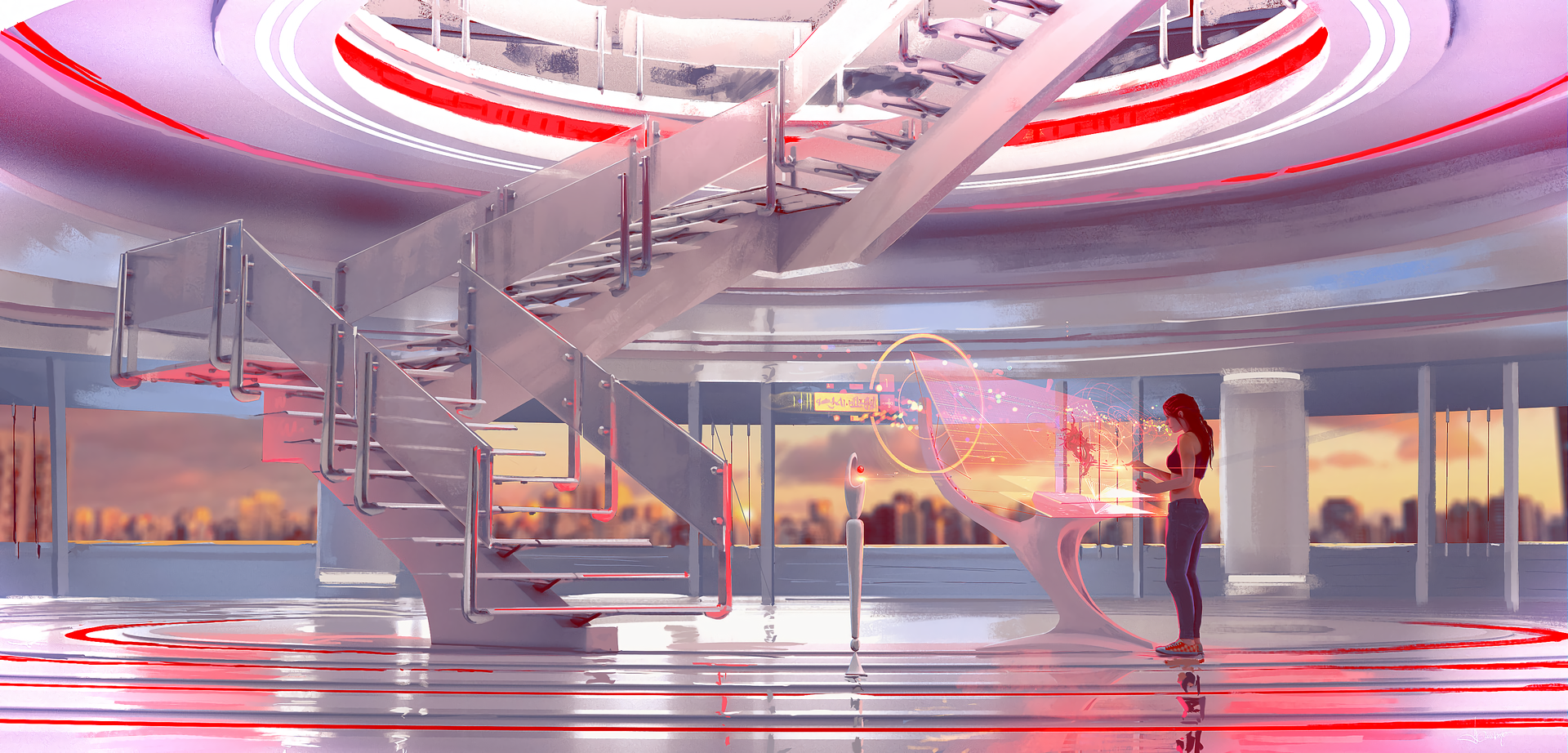 hologram, stairs, artwork, digital art, illustration, Luciano Neves, HD Wallpaper