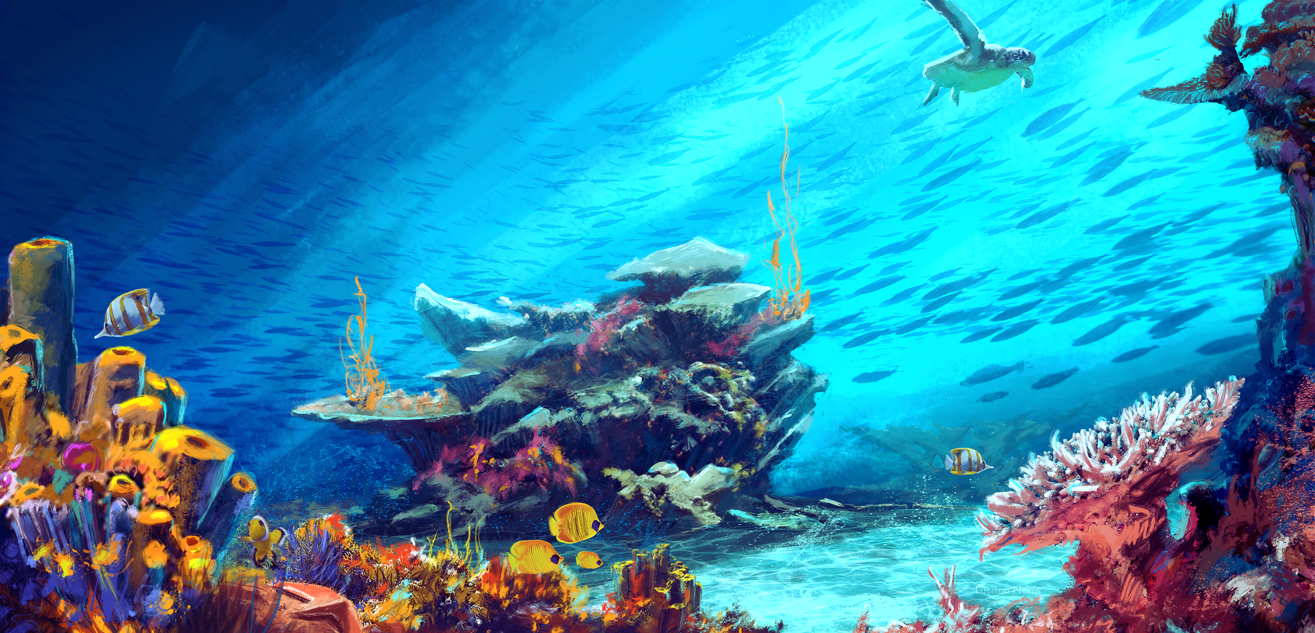 coral, turtle, fish, sea, underwater, artwork, digital art, illustration, Luciano Neves, HD Wallpaper