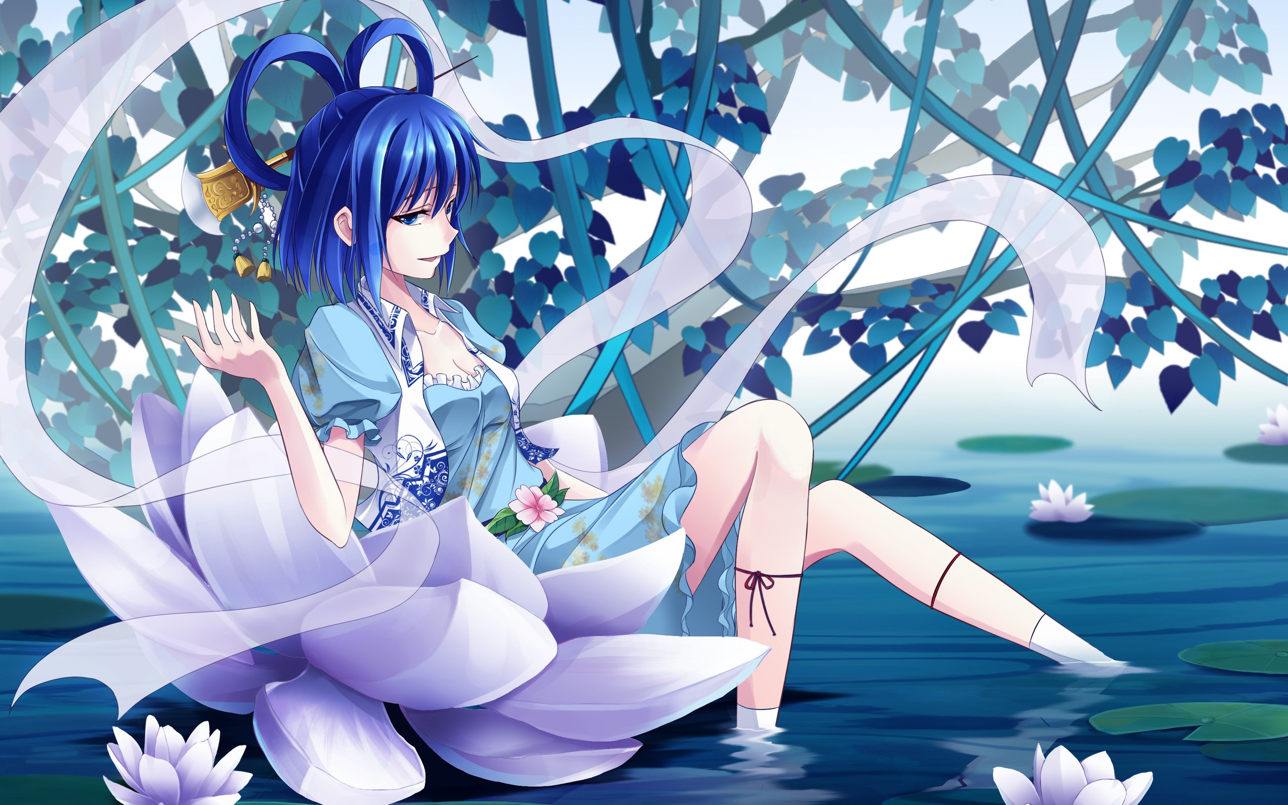 anime girls, blue hair, blue eyes, water, HD Wallpaper