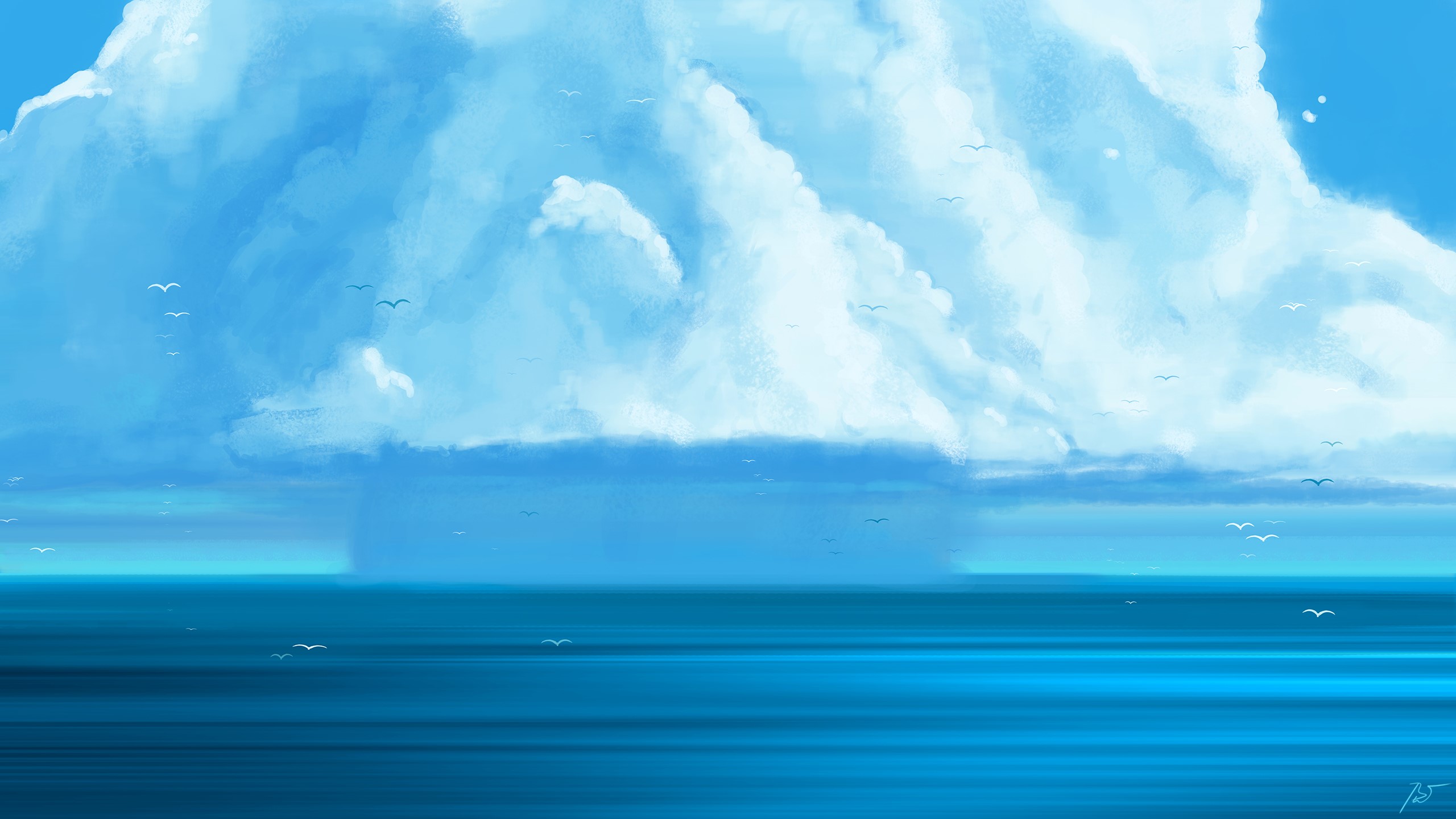 storm, clouds, JoeyJazz, birds, cyan, blue, sea, artwork, HD Wallpaper