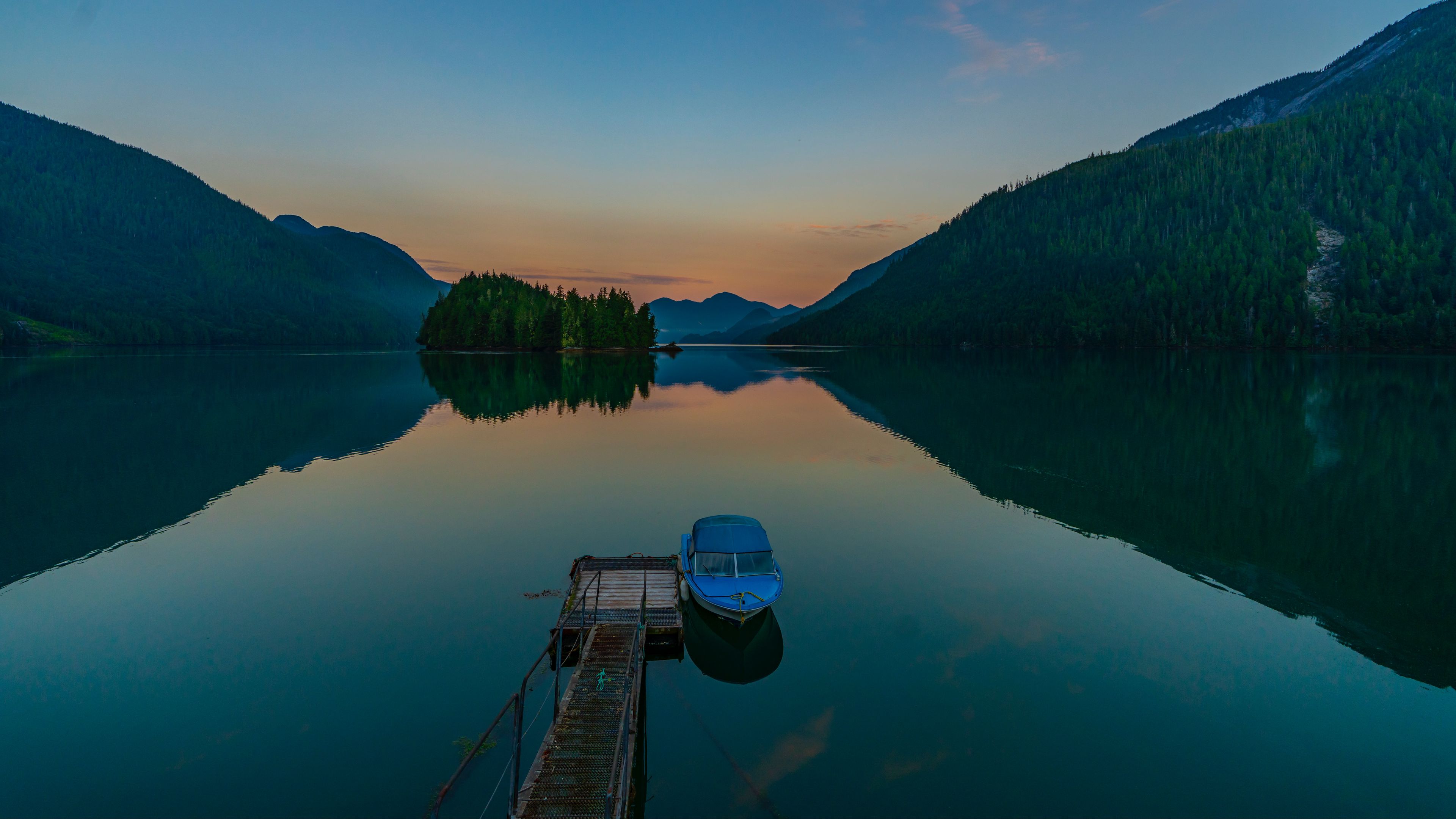 pier, boat, lake, mountains, twilight, 4k, HD Wallpaper