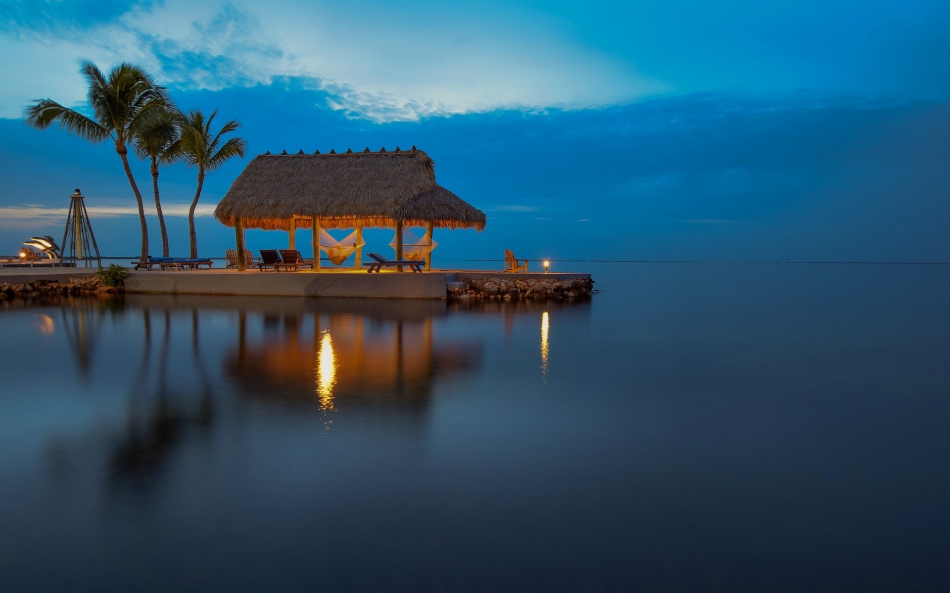 landscape, lake, peaceful, shack, tropical, palm trees, HD Wallpaper