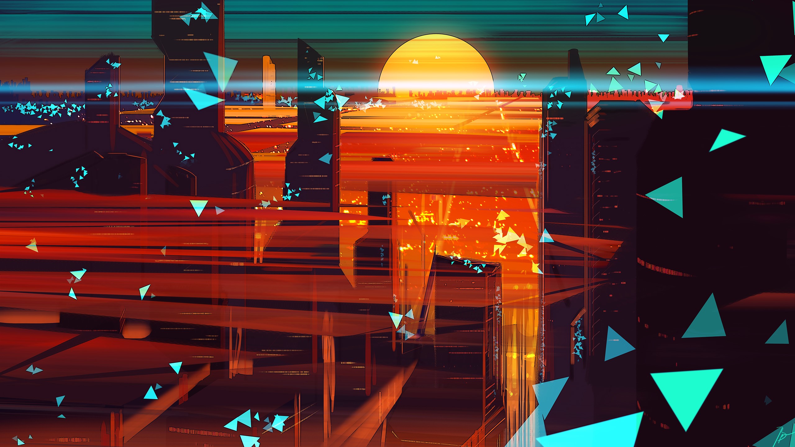 JoeyJazz, abstract, cityscape, digital art, artwork, city, Sun, triangle, building, HD Wallpaper