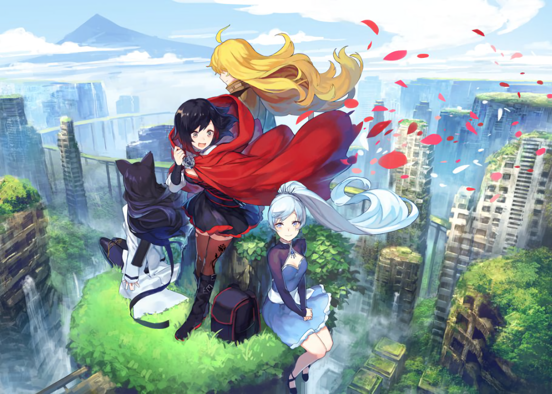 anime, anime girls, comic art, RWBY, blonde, dark hair, cityscape, ruin, long hair, sitting, HD Wallpaper