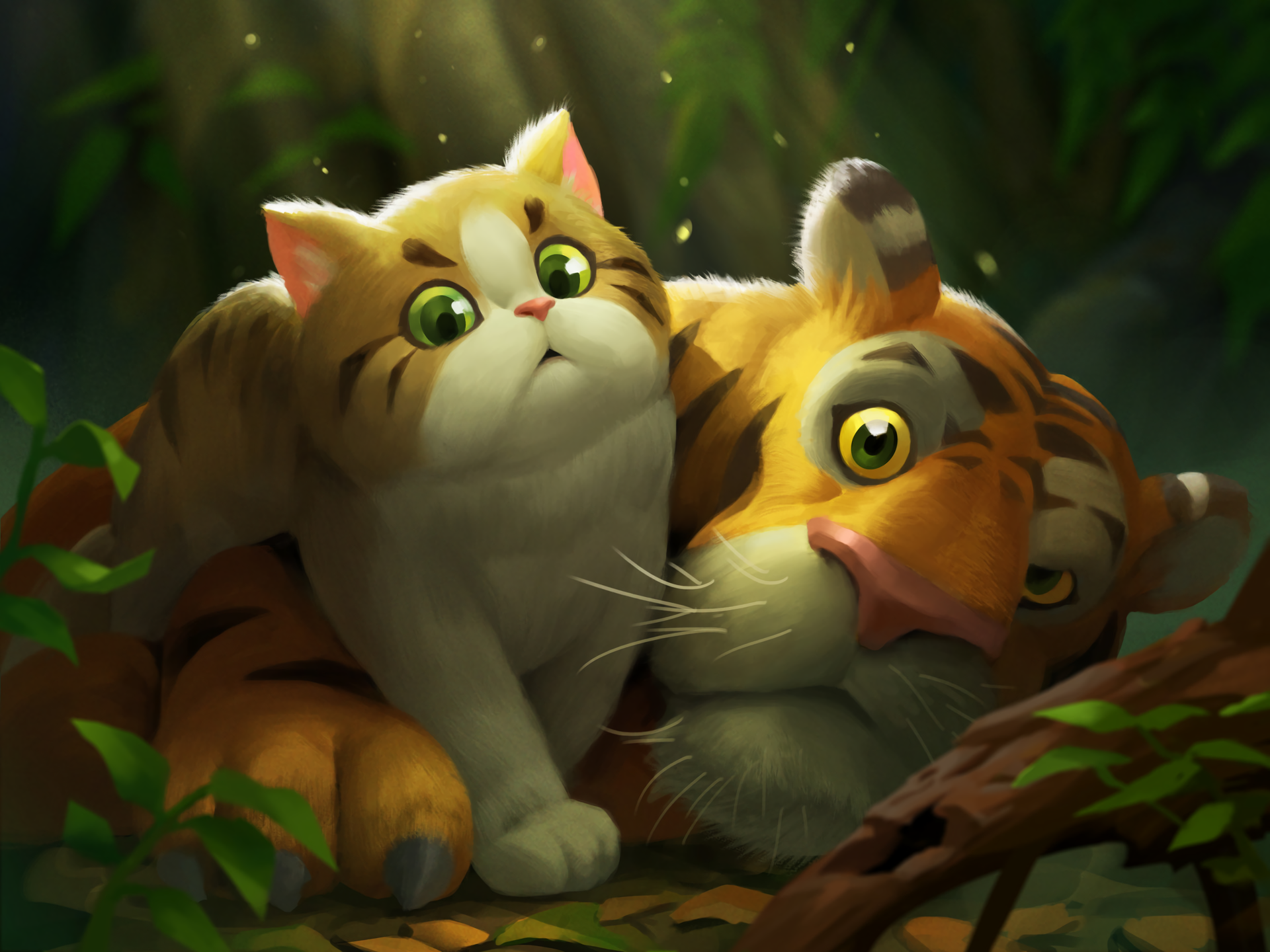artwork, digital art, cats, tiger, jungle, forest, drawing, HD Wallpaper