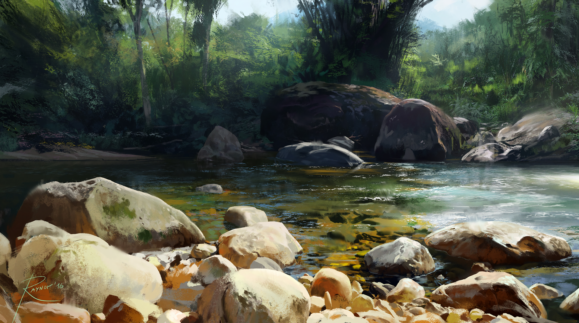 artwork, digital art, trees, river, rock, water, HD Wallpaper