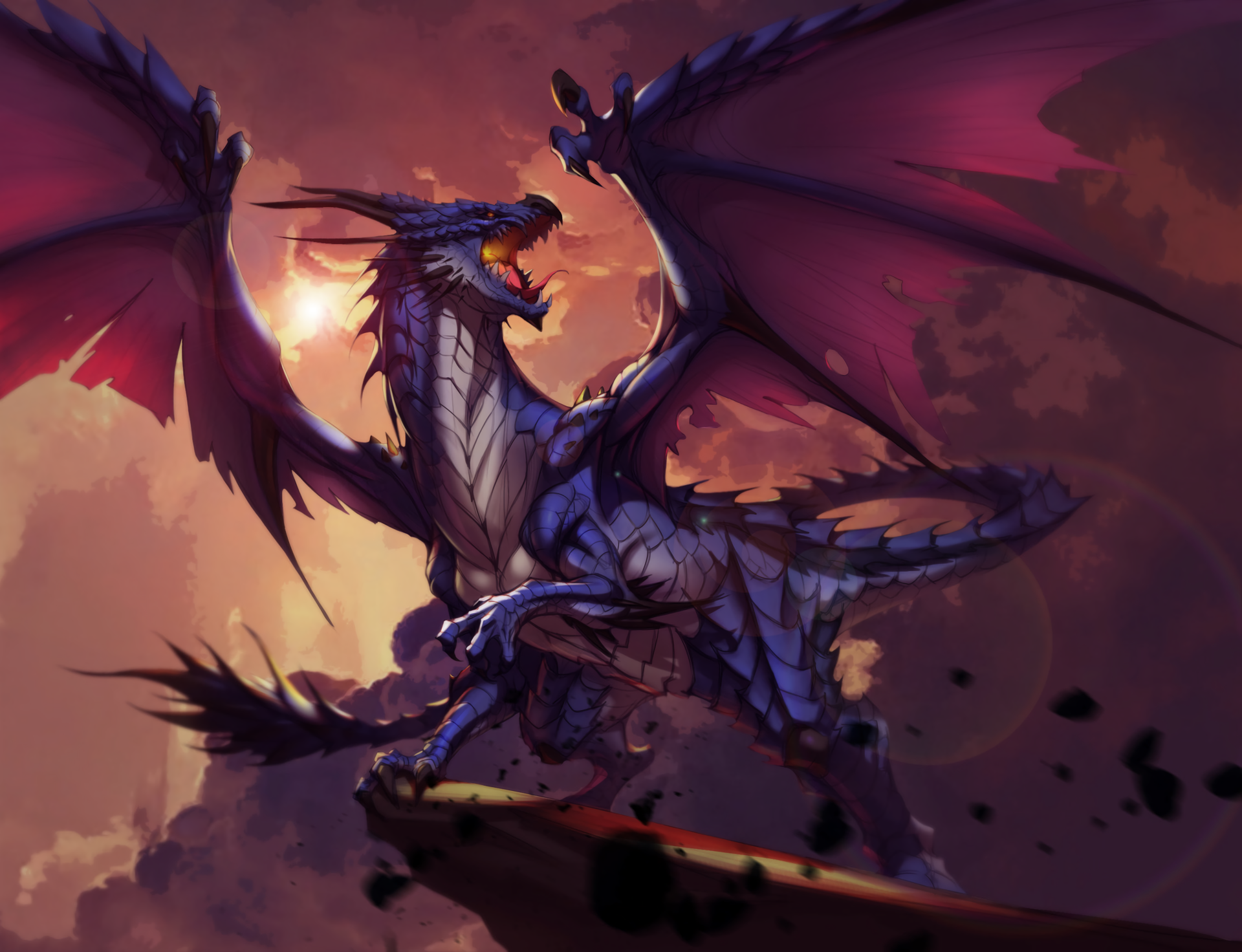 artwork, digital art, illustration, dragon, sky, clouds, HD Wallpaper
