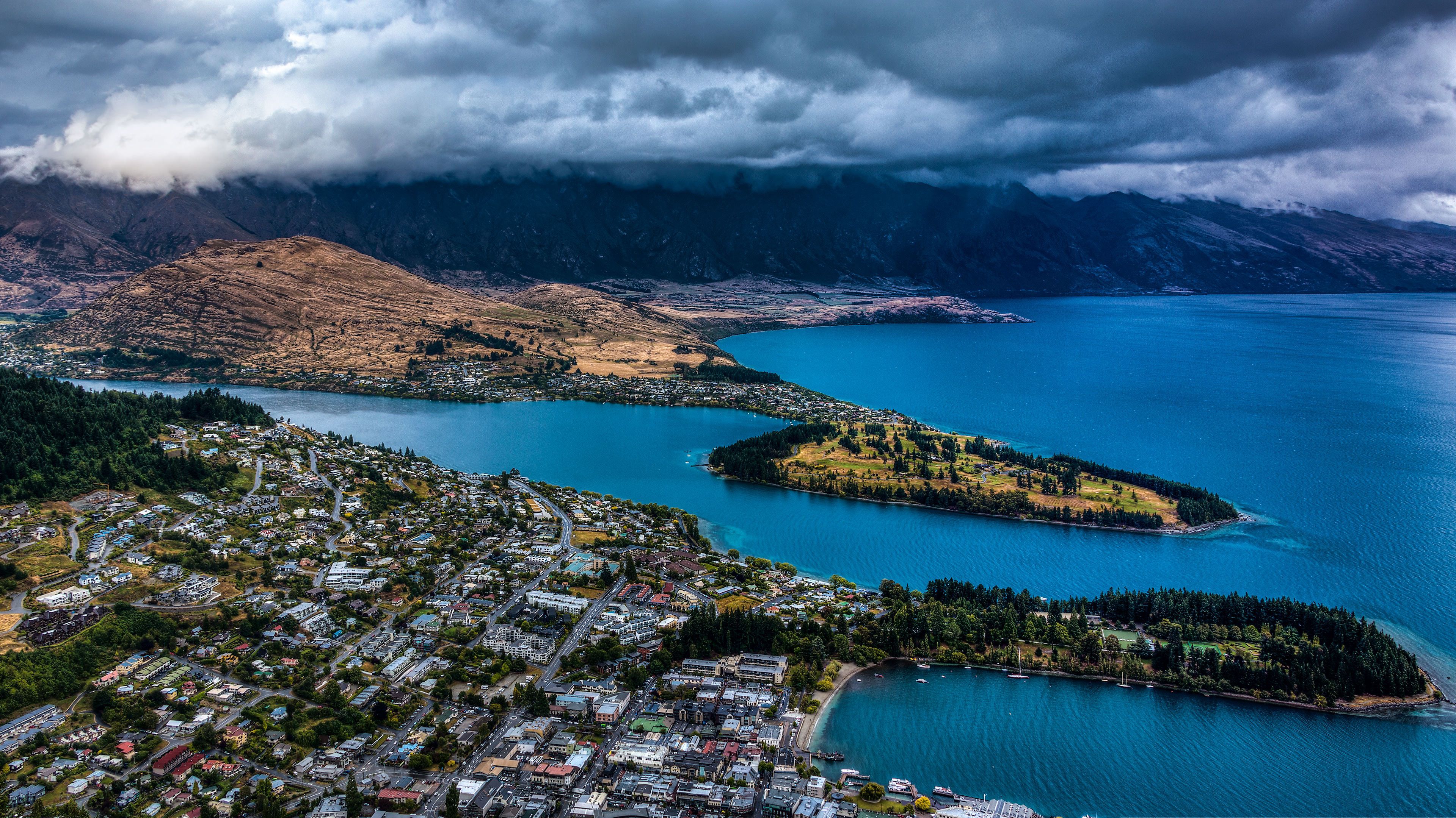 mountains, lake, aerial view, city, clouds, new zealand, 4k, HD Wallpaper