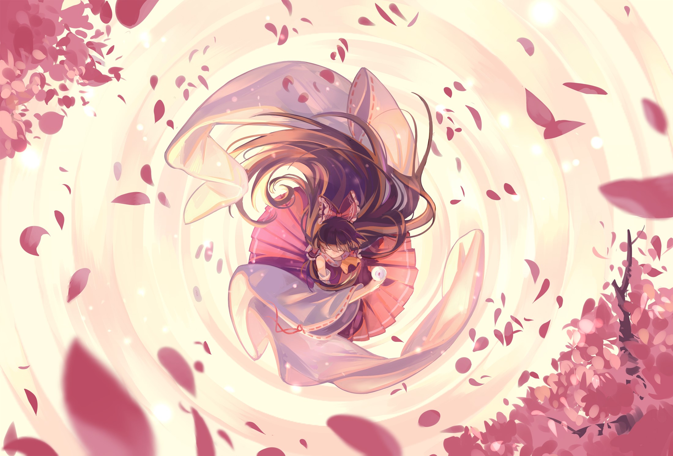 anime, comic art, cherry blossom, anime girls, Touhou, Hakurei Reimu, HD Wallpaper