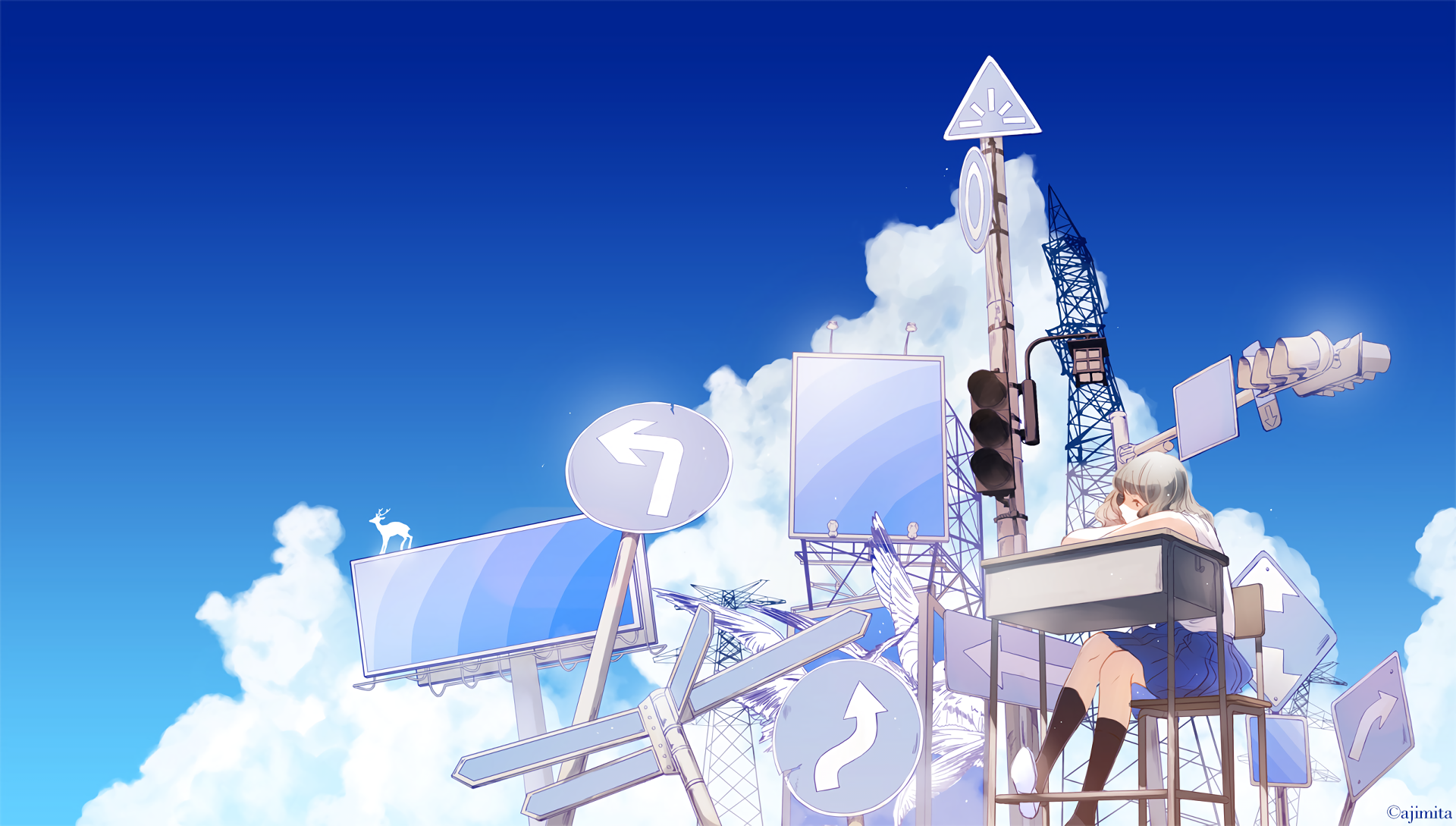 anime, comic art, road sign, street light, cranes, traffic mirror, HD Wallpaper