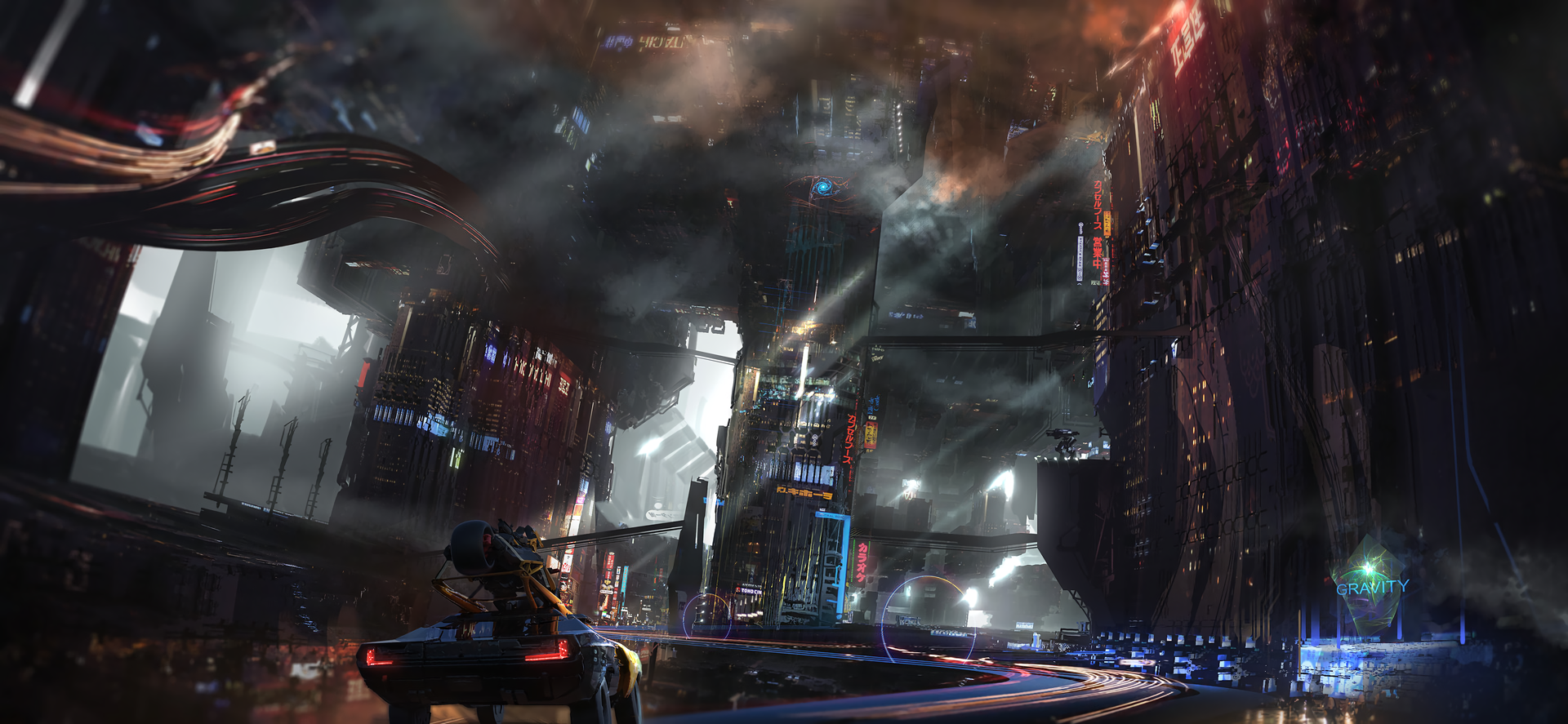 artwork, digital art, vehicle, car, city, science fiction, cyberpunk, Mustafa Lamrani, HD Wallpaper