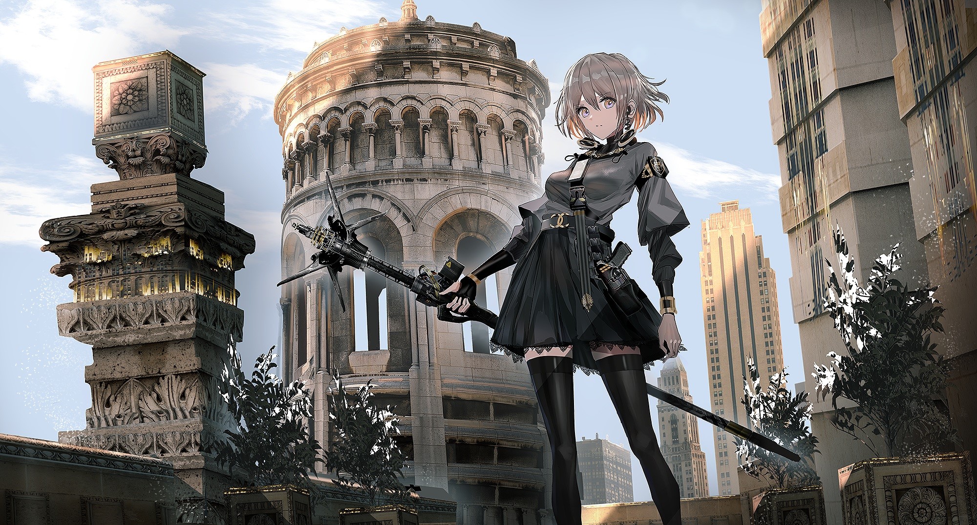 original characters, building, brown eyes, city, HD Wallpaper