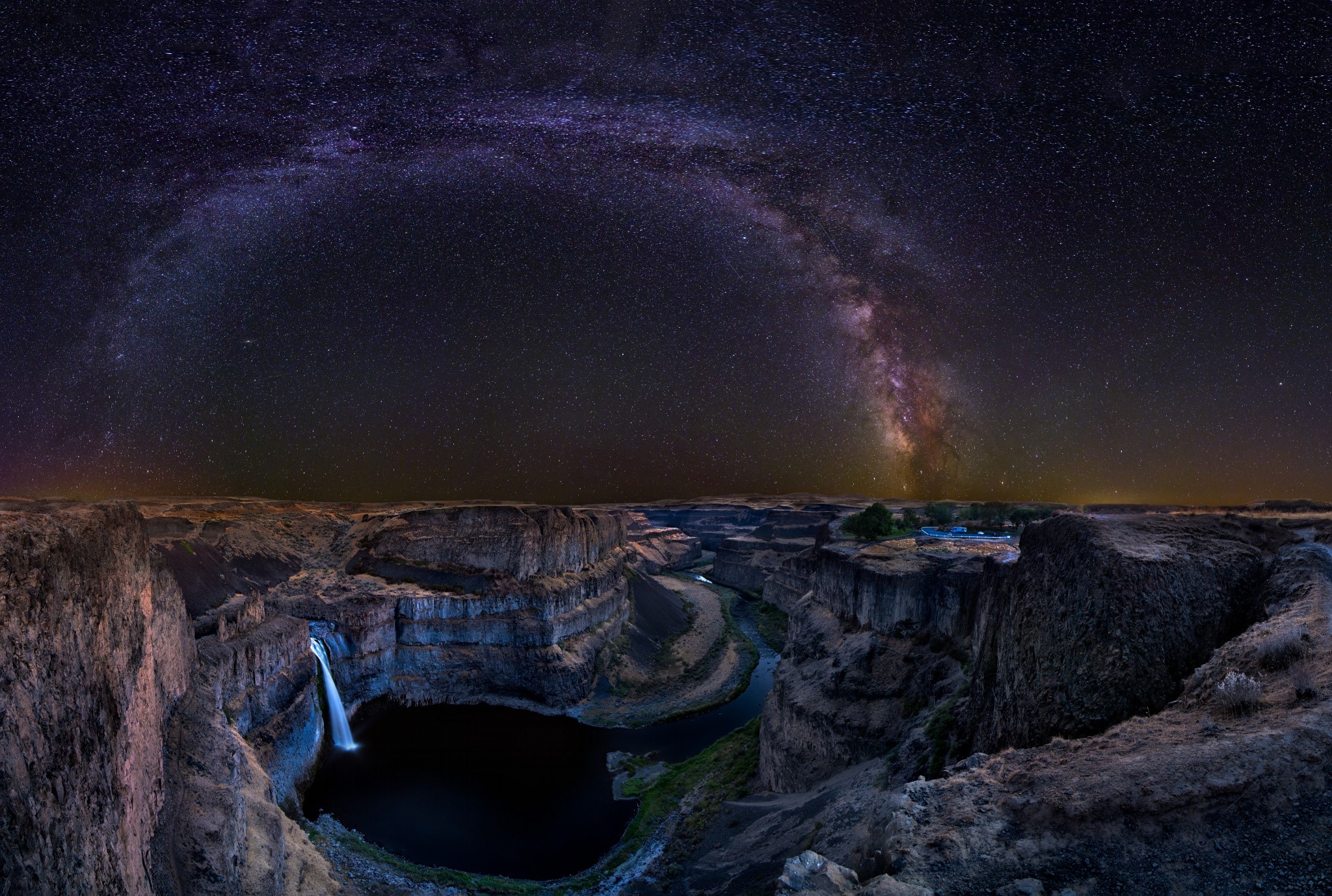 space, Milky Way, landscape, waterfall, nature, night, canyon, HD Wallpaper