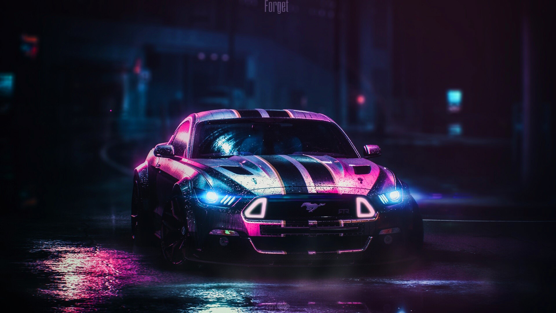 digital art, car, night, vehicle, Mustang (Car), shining, HD Wallpaper