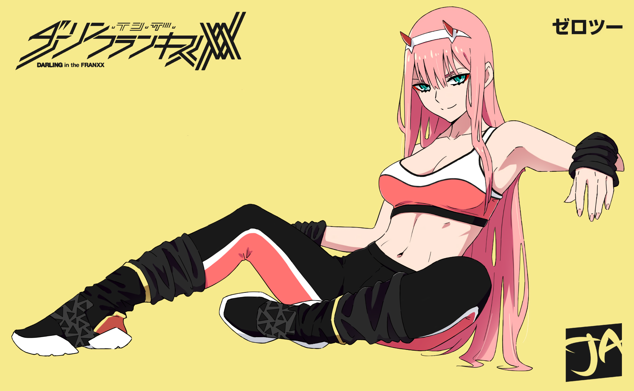 Zero Two (Darling in the FranXX), Code:002, Darling in the FranXX, anime girls, simple background, yellow background, pink hair, long hair, horns, fan art, digital art, logo, Reebok, sports bra, sportswear, yoga pants, J Adsen, 2D, thighs, belly button, pink nails, cleavage, HD Wallpaper