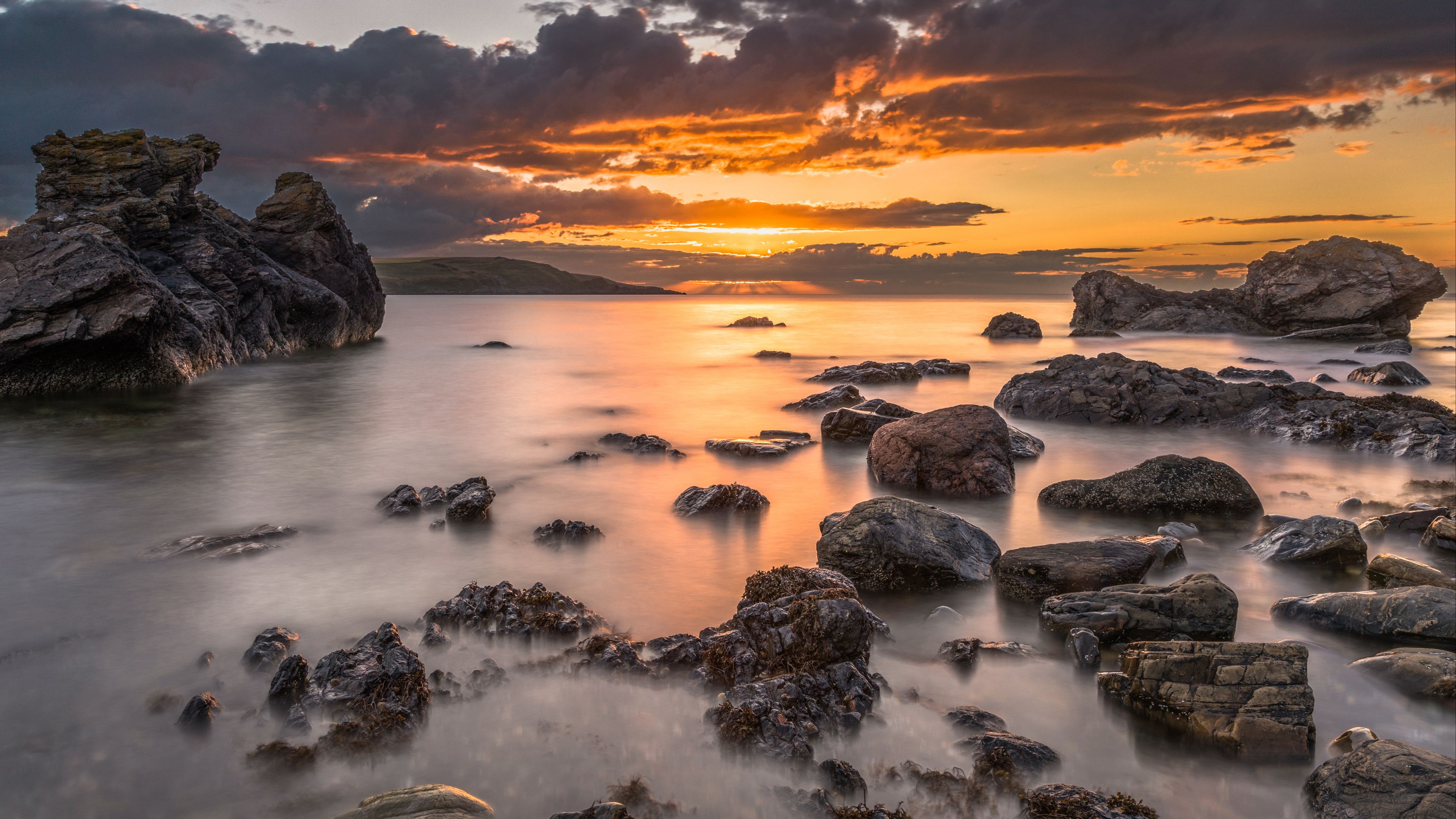 bay, sunset, horizon, stones, clouds, 4k, HD Wallpaper