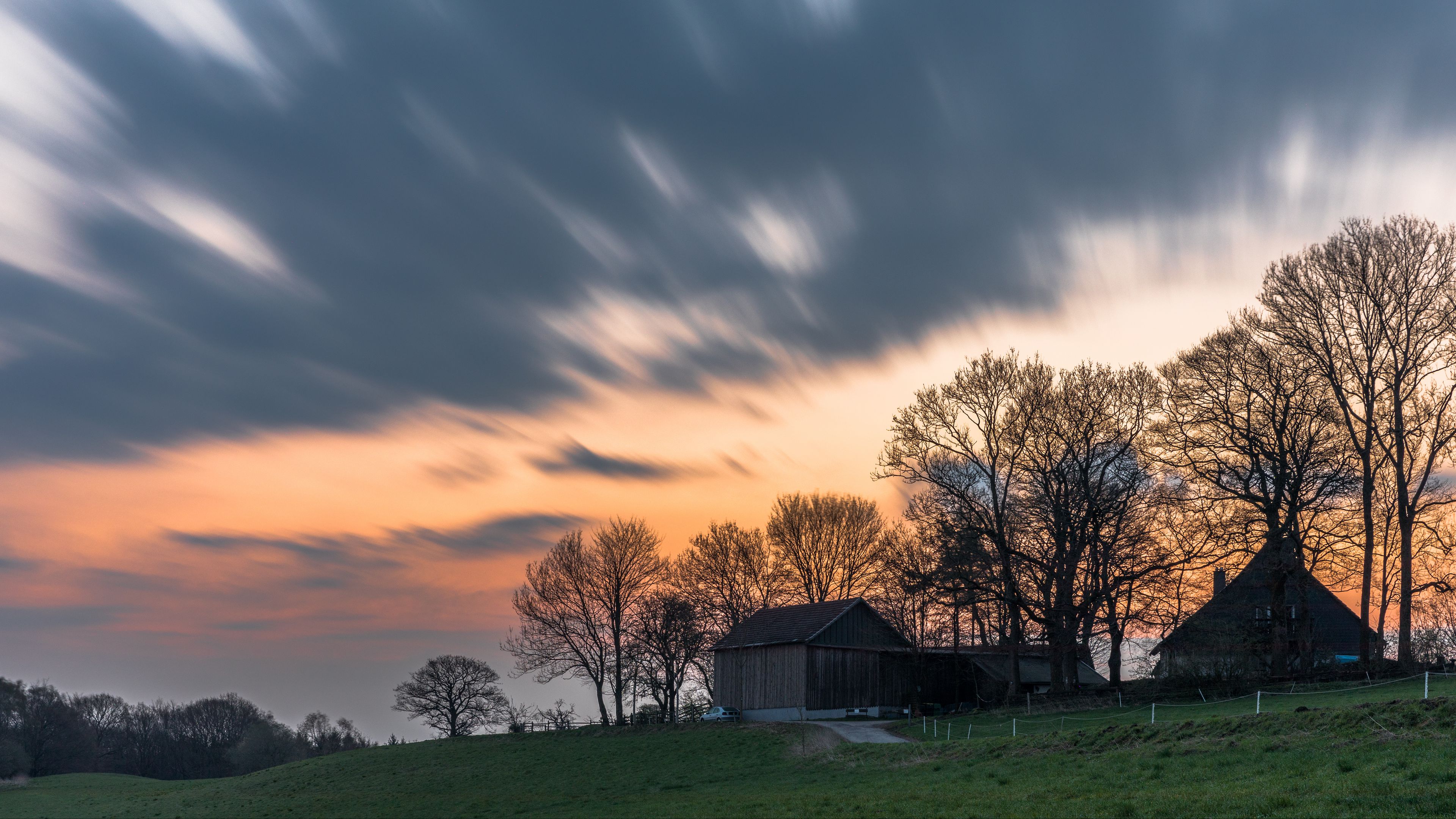 house, trees, sunset, sky, grass, 4k, HD Wallpaper