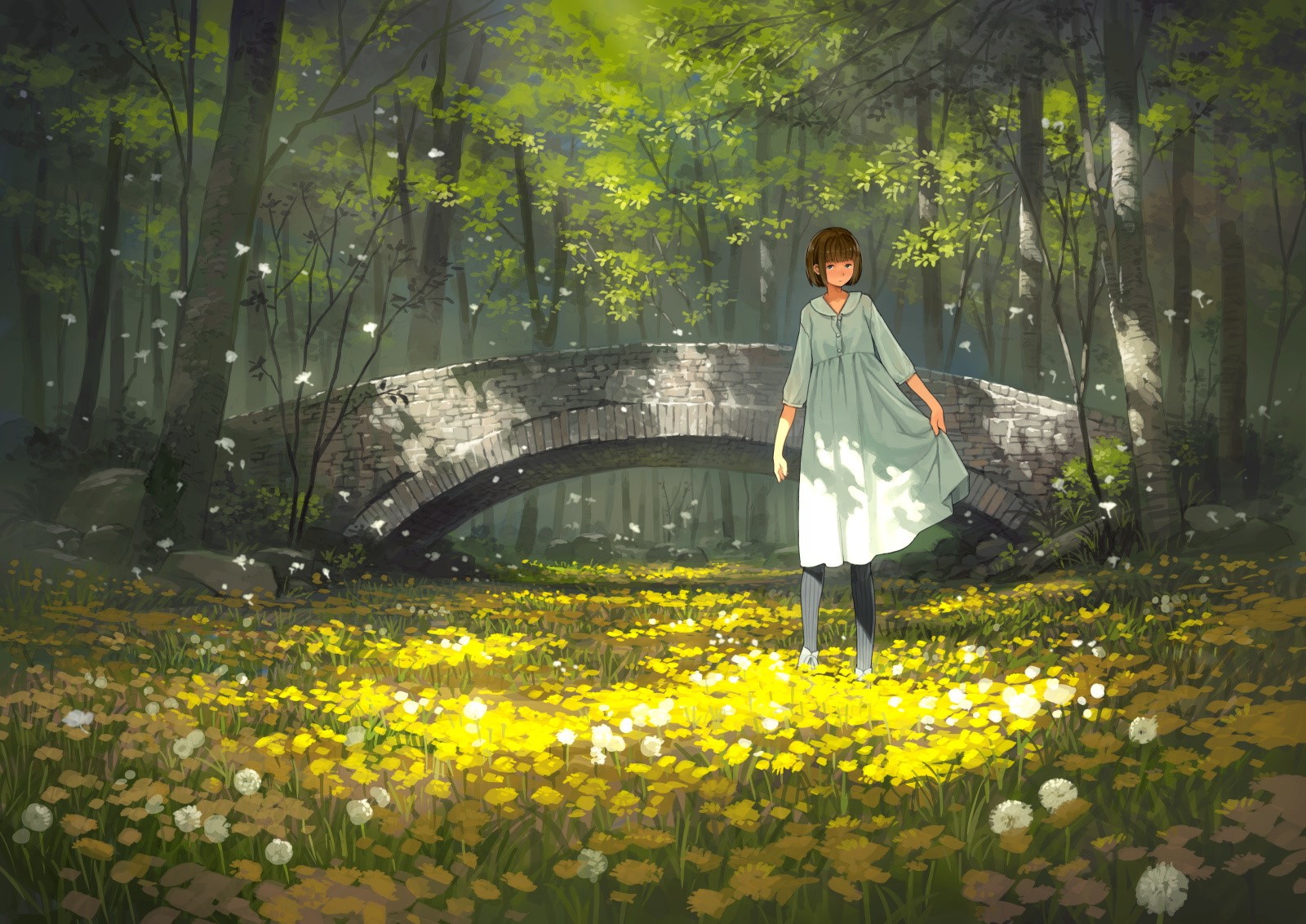 anime, anime girls, short hair, brunette, flowers, trees, HD Wallpaper