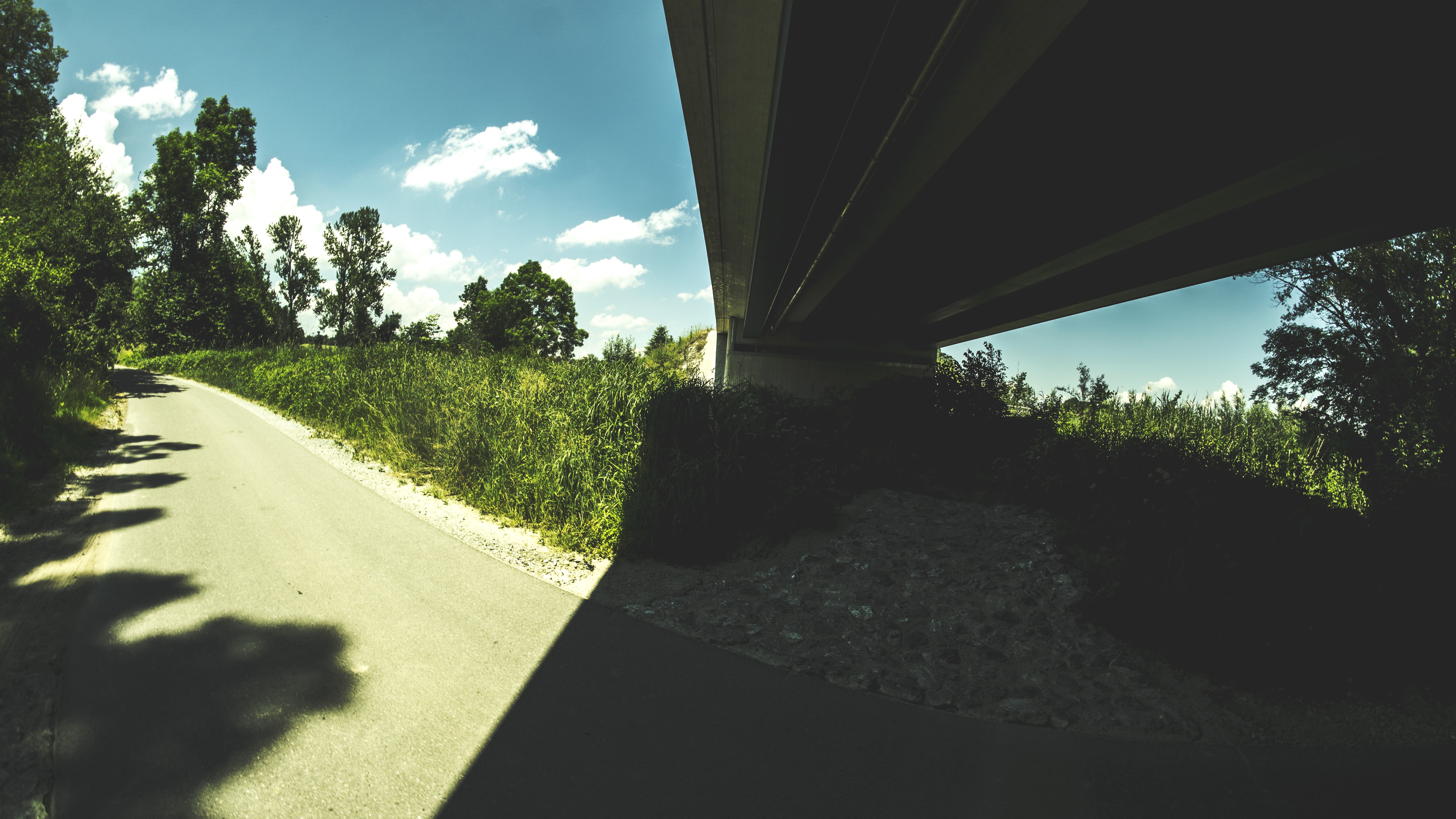 nature, road, trees, sky, clouds, bridge, fisheye lens, grass, HD Wallpaper