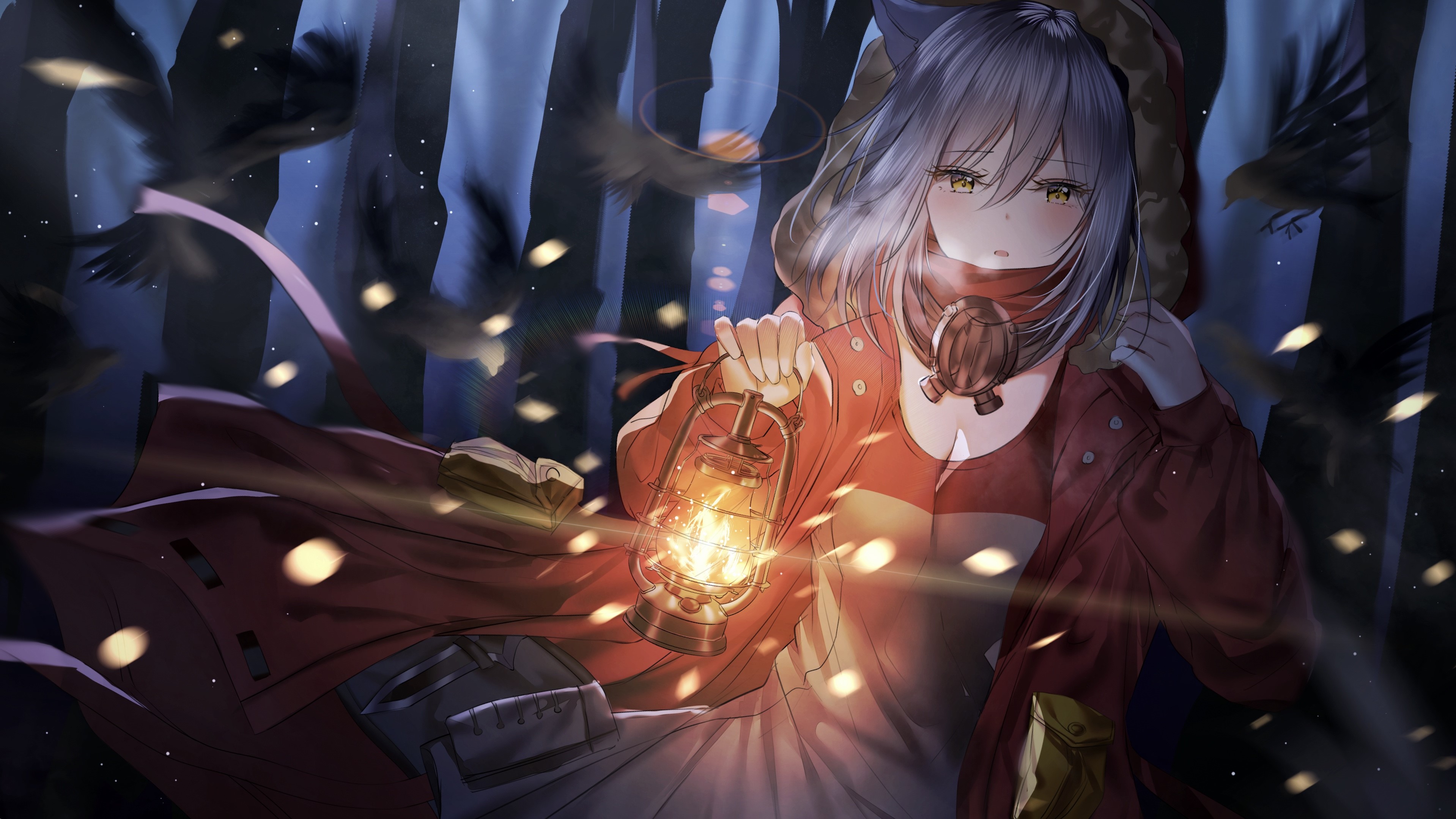Arknights, video games, anime girls, fantasy girl, animal ears, looking at viewer, night, dark, gas lamps, dress, jacket, forest, birds, anime, artwork, digital art, drawing, illustration, 2D, fan art, junpaku karen, Projekt Red(Arknights), HD Wallpaper
