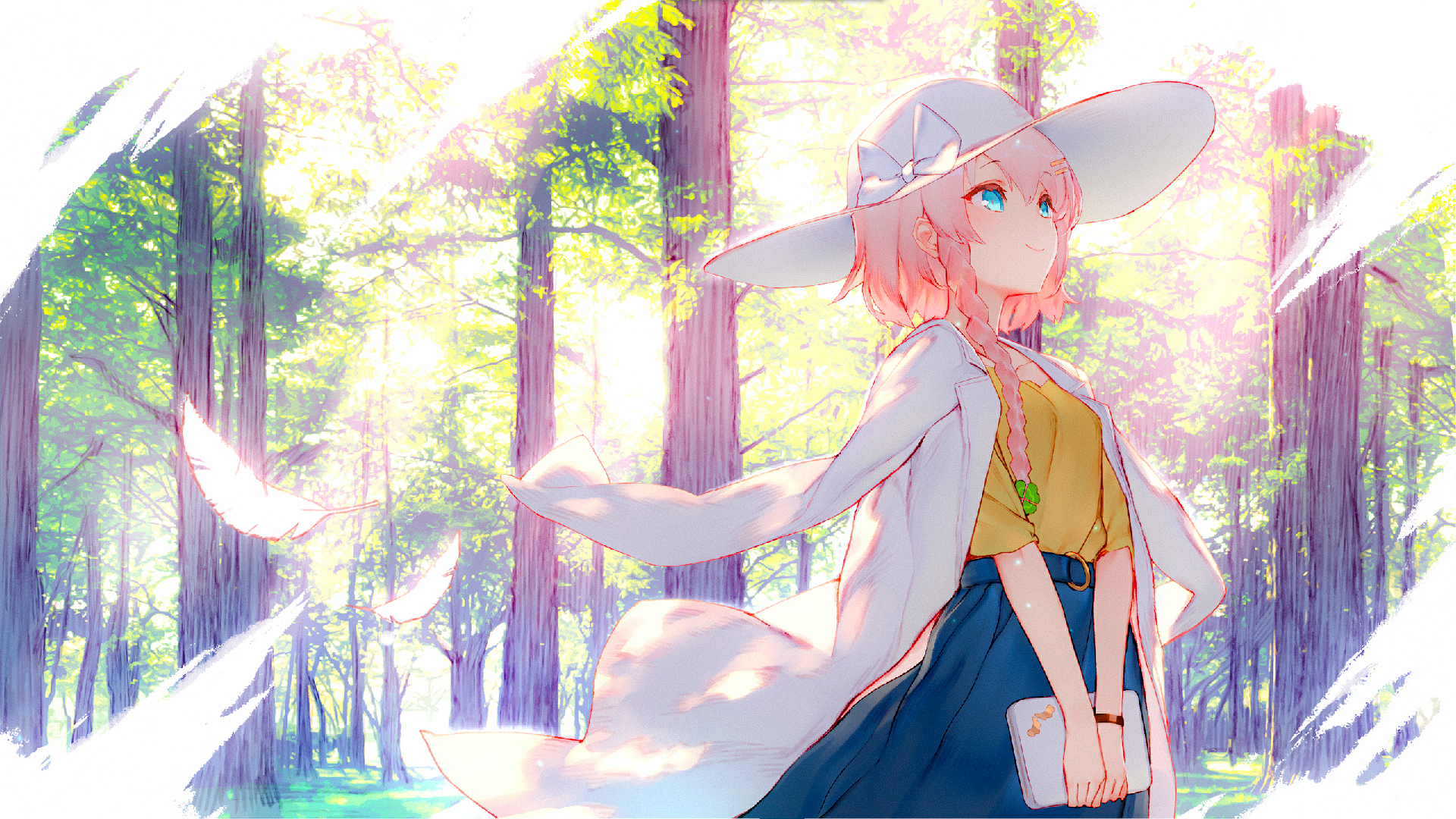anime, comic art, anime girls, hat, blue eyes, trees, HD Wallpaper