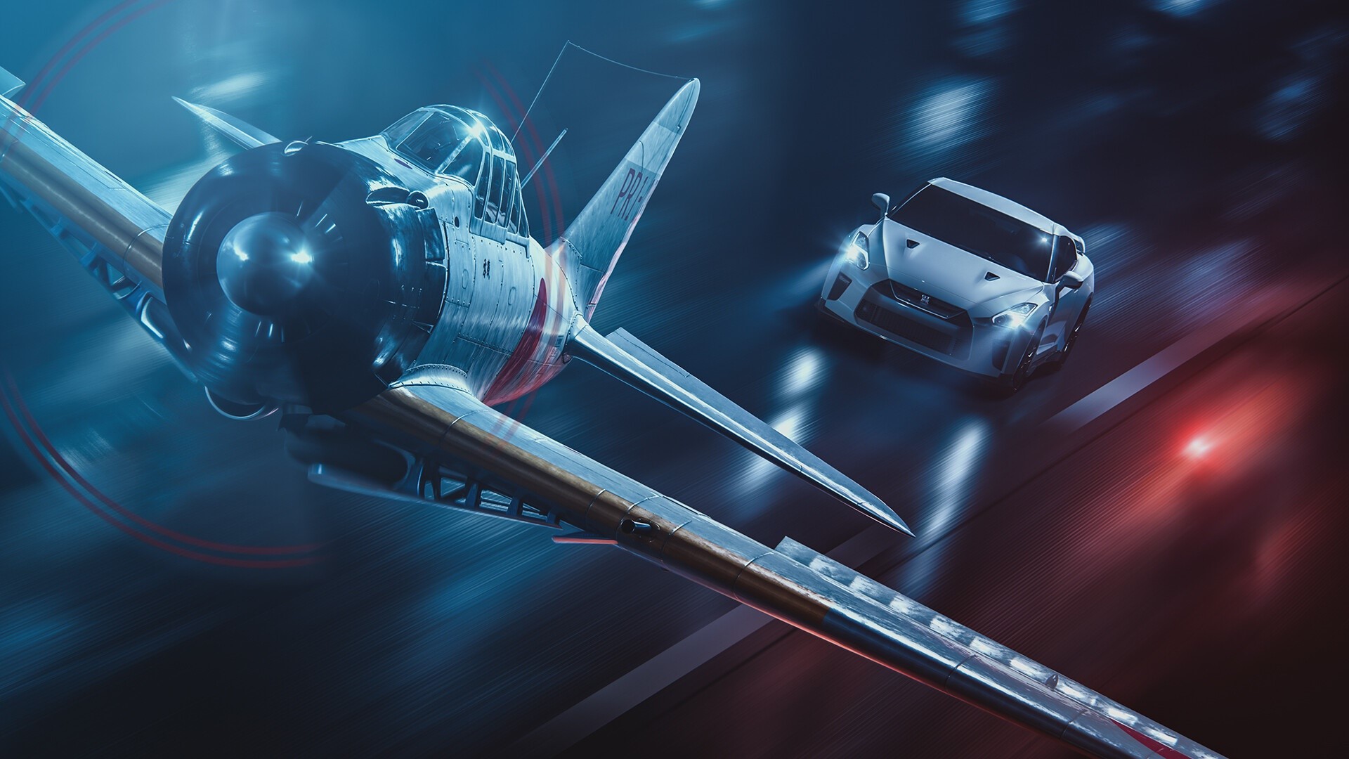 artwork, car, aircraft, vehicle, Nissan, Nissan GT-R, Mitsubishi A6M2 Zero, cyan, blue, HD Wallpaper