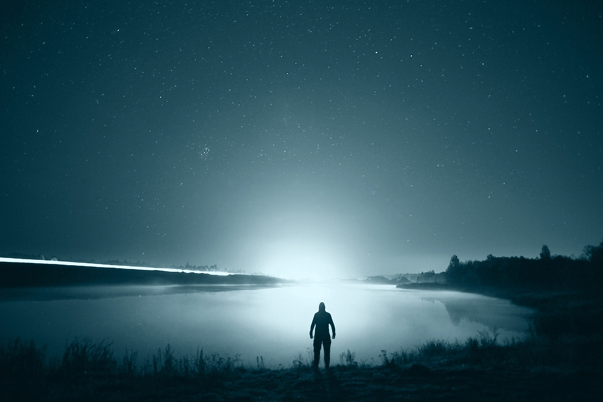 photography, Photoshop, photo manipulation, night, nature, landscape, water, sea, men, outdoors, men outdoors, silhouette, white, lake, dark, dusk, sky, skyscape, stars, lights, reflection, HD Wallpaper