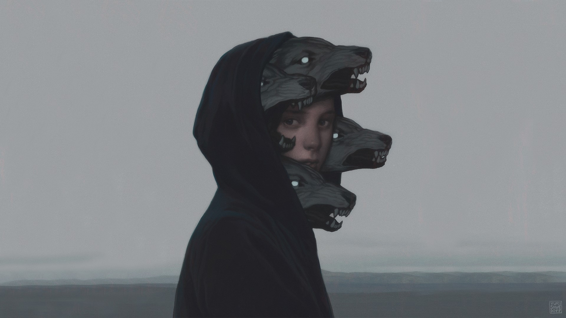 Yuri Shwedoff, wolf, fantasy art, grey, digital art, digital painting, face, face mask, sweatshirts, sweater, HD Wallpaper