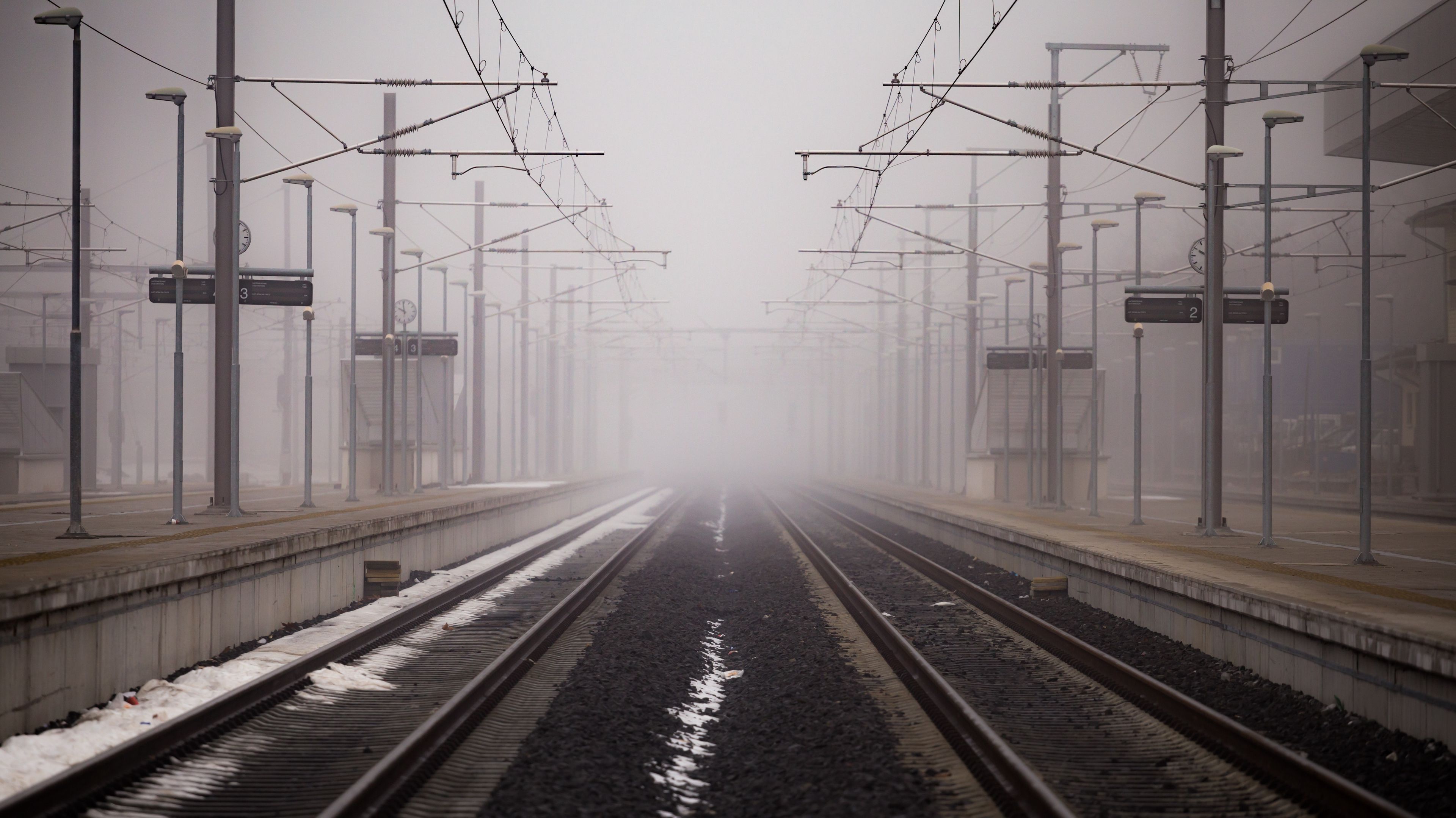 railway, fog, wires, rubble, pebbles, 4k, HD Wallpaper