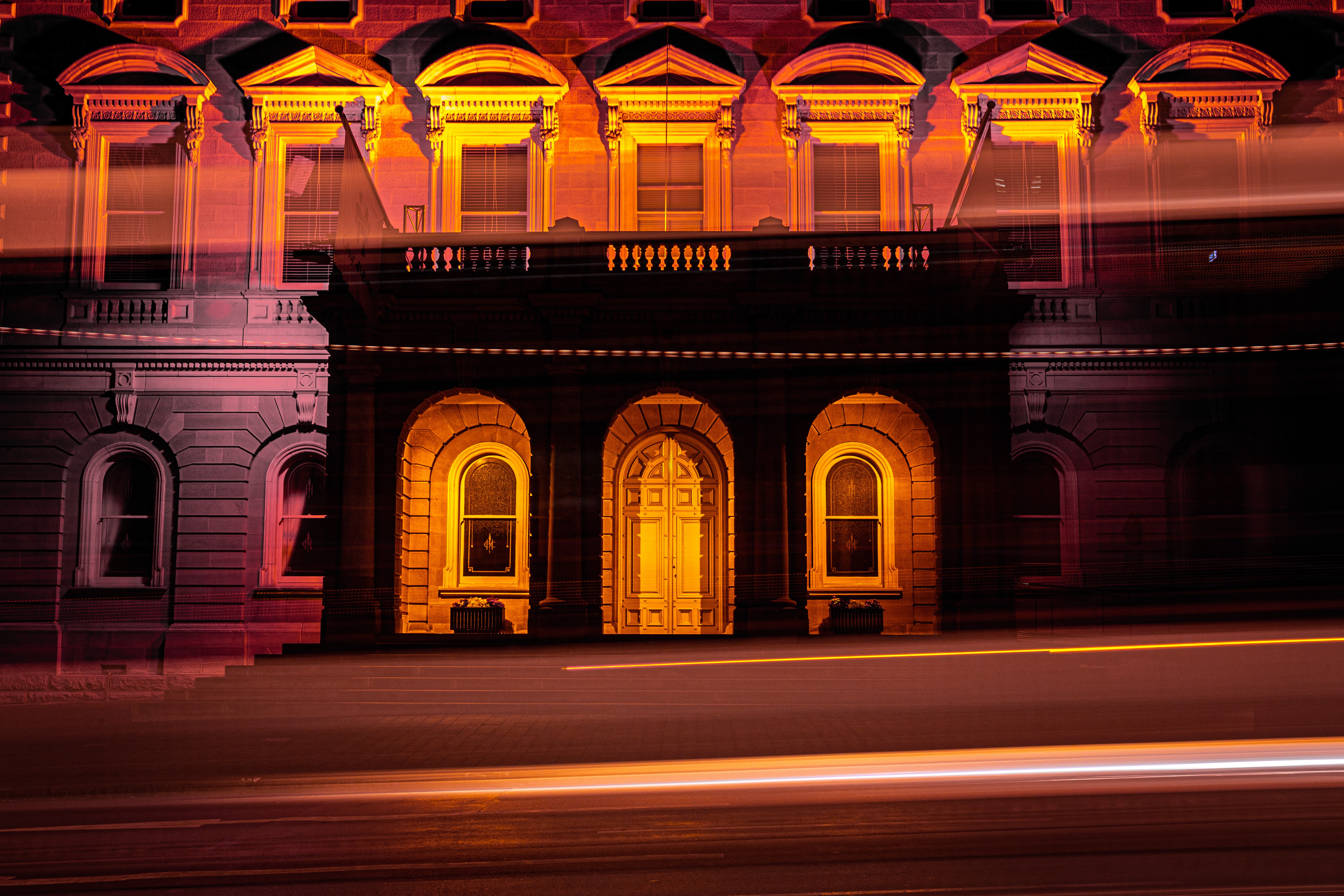 long exposure, fireworks, light painting, architecture, old building, Tasmania, light trails, night, orange, HD Wallpaper