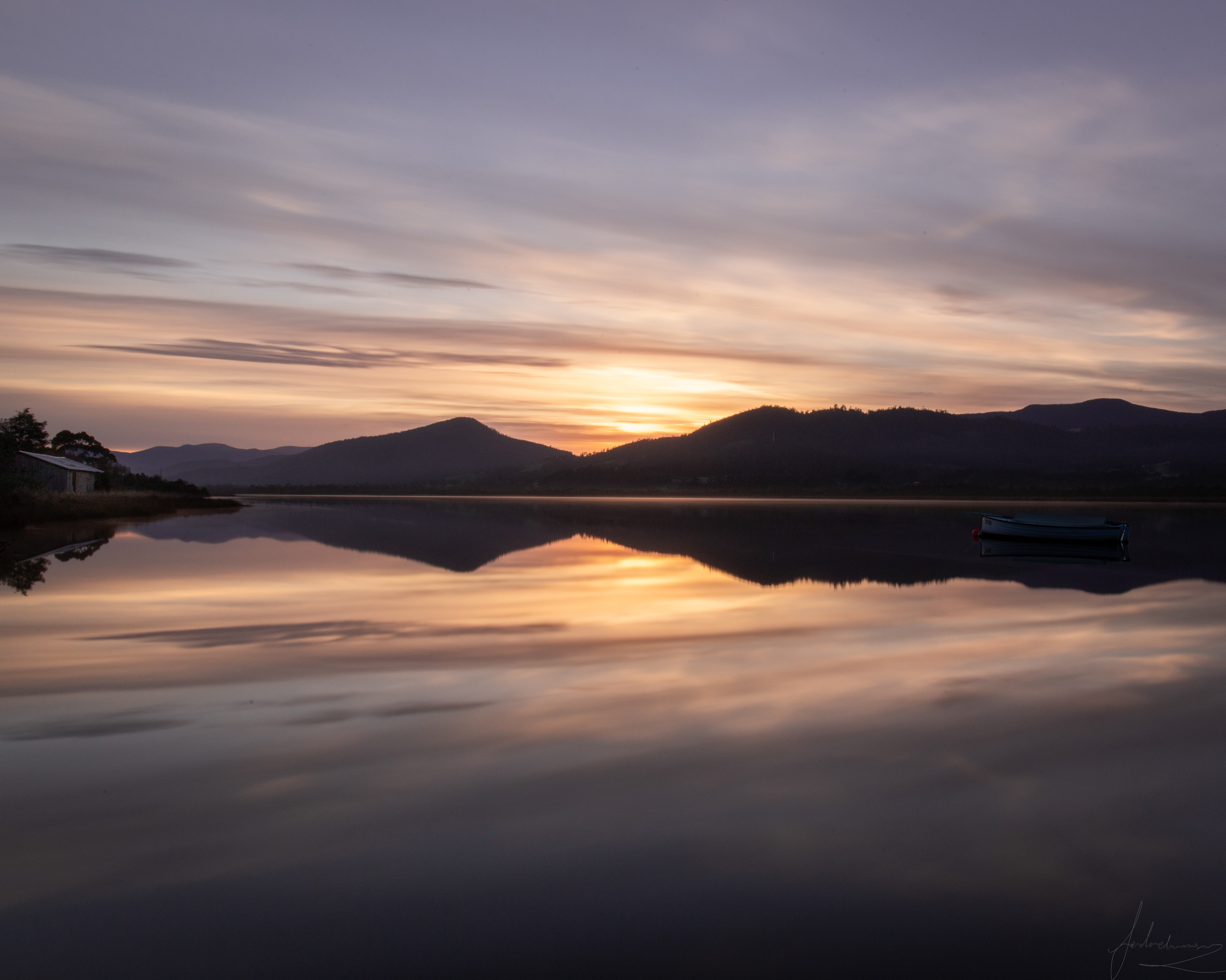 long exposure, landscape, sunrise, sunset, boat, Tasmania, reflection, HD Wallpaper