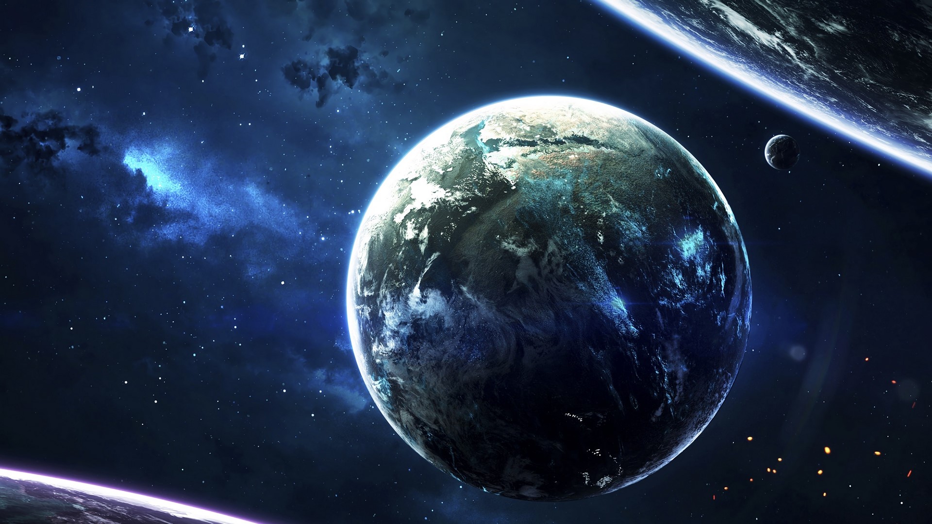 planet, space, lights, stars, blue, HD Wallpaper