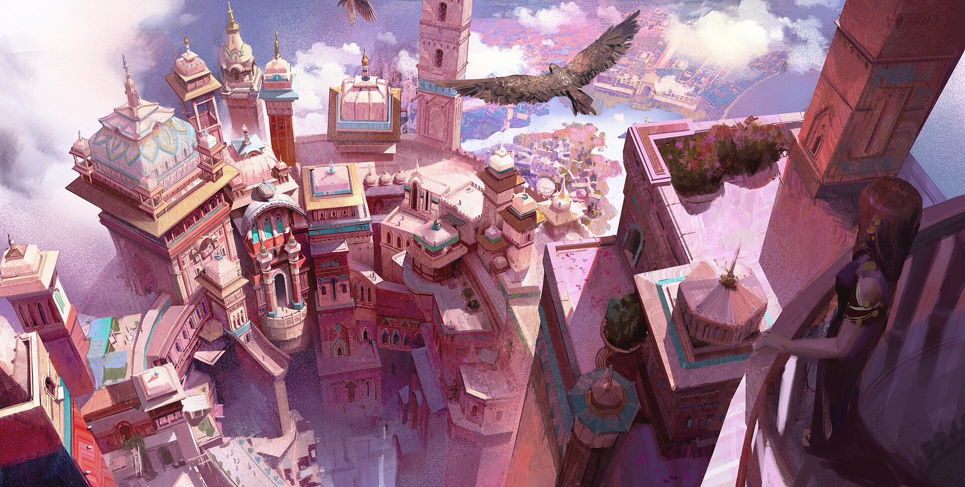 city, castle, landscape, aerial view, tower, artwork, digital, HD Wallpaper