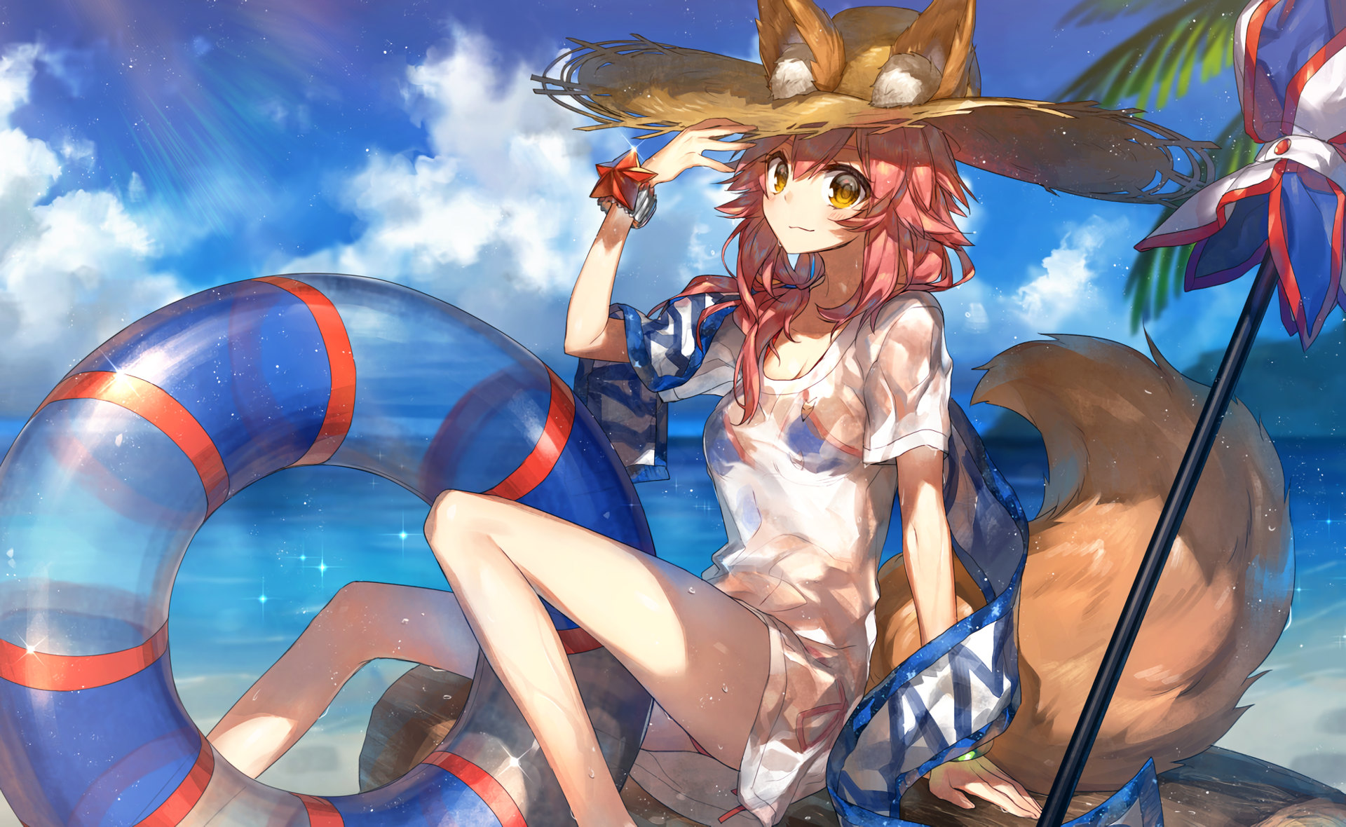 anime, comic art, anime girls, hat, redhead, tail, cat girl, Tamamo no Mae (fate/grand order), HD Wallpaper