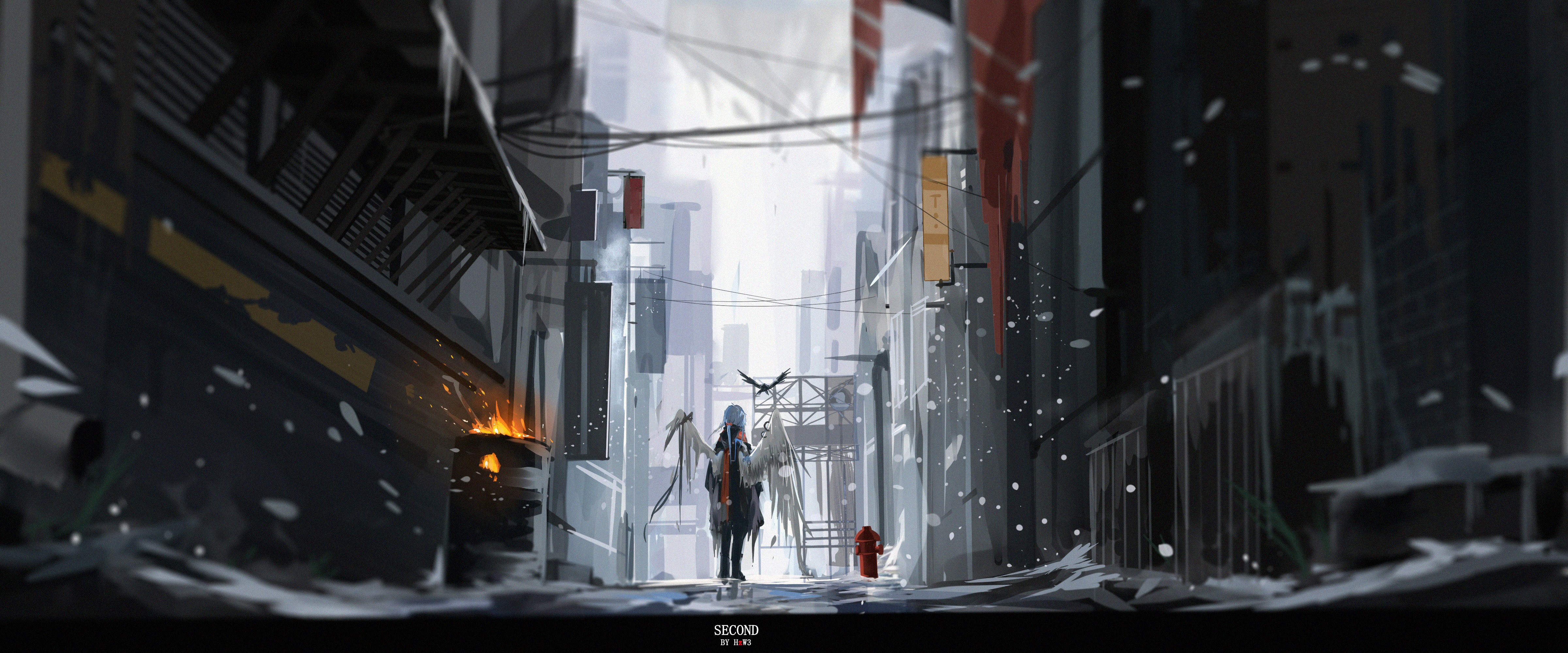 artwork, digital art, drawing, anime girls, wings, snow, city, HD Wallpaper