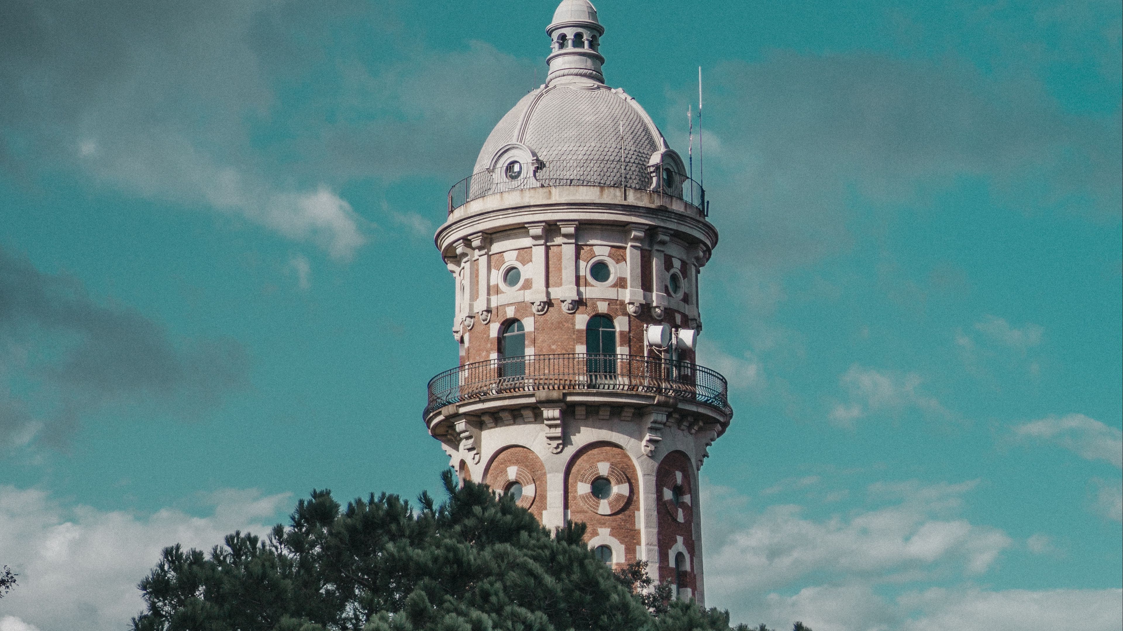 tower, clouds, trees, barcelona, spain, 4k, HD Wallpaper
