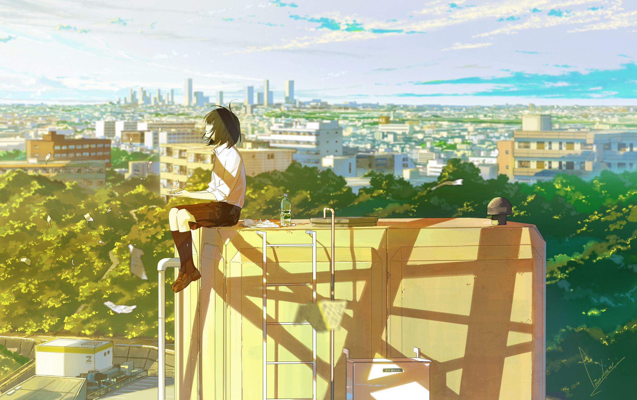 anime, anime girls, original characters, city, sky, clouds, trees, short hair, black hair, HD Wallpaper