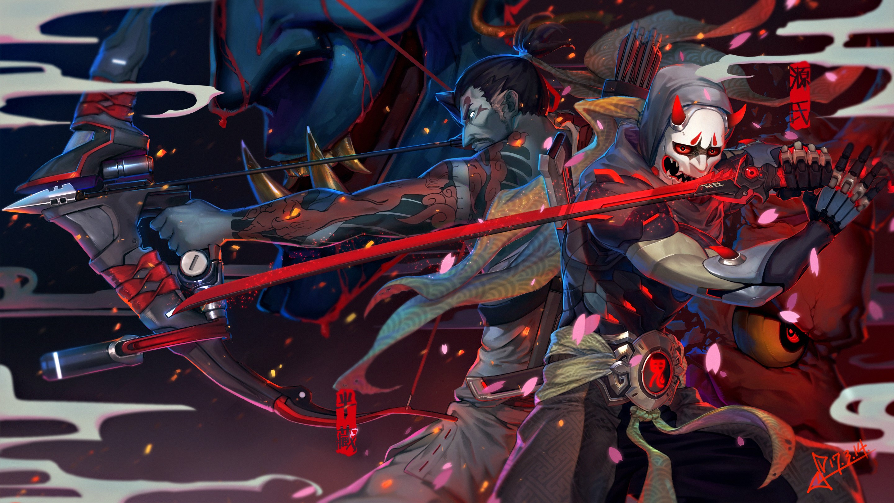 Blizzard Entertainment, Overwatch, Hanzo (Overwatch), Hanzo Shimada, Genji (Overwatch), Genji Shimada, oni mask, weapon, sword, bow and arrow, HD Wallpaper