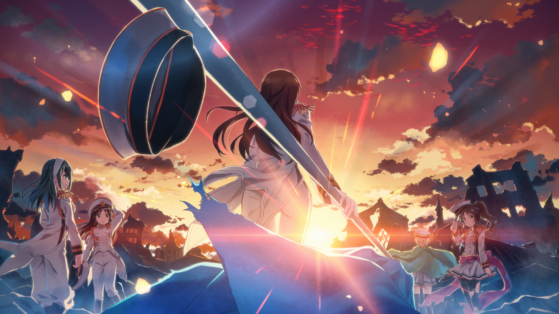 comic art, animation, anime girls, sky, sunlight, anime, HD Wallpaper