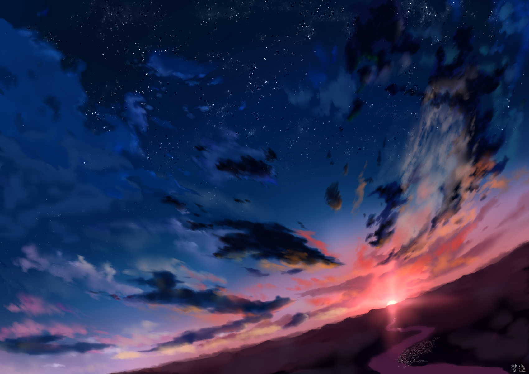 sky, clouds, stars, sunset, river, artwork, digital art, HD Wallpaper