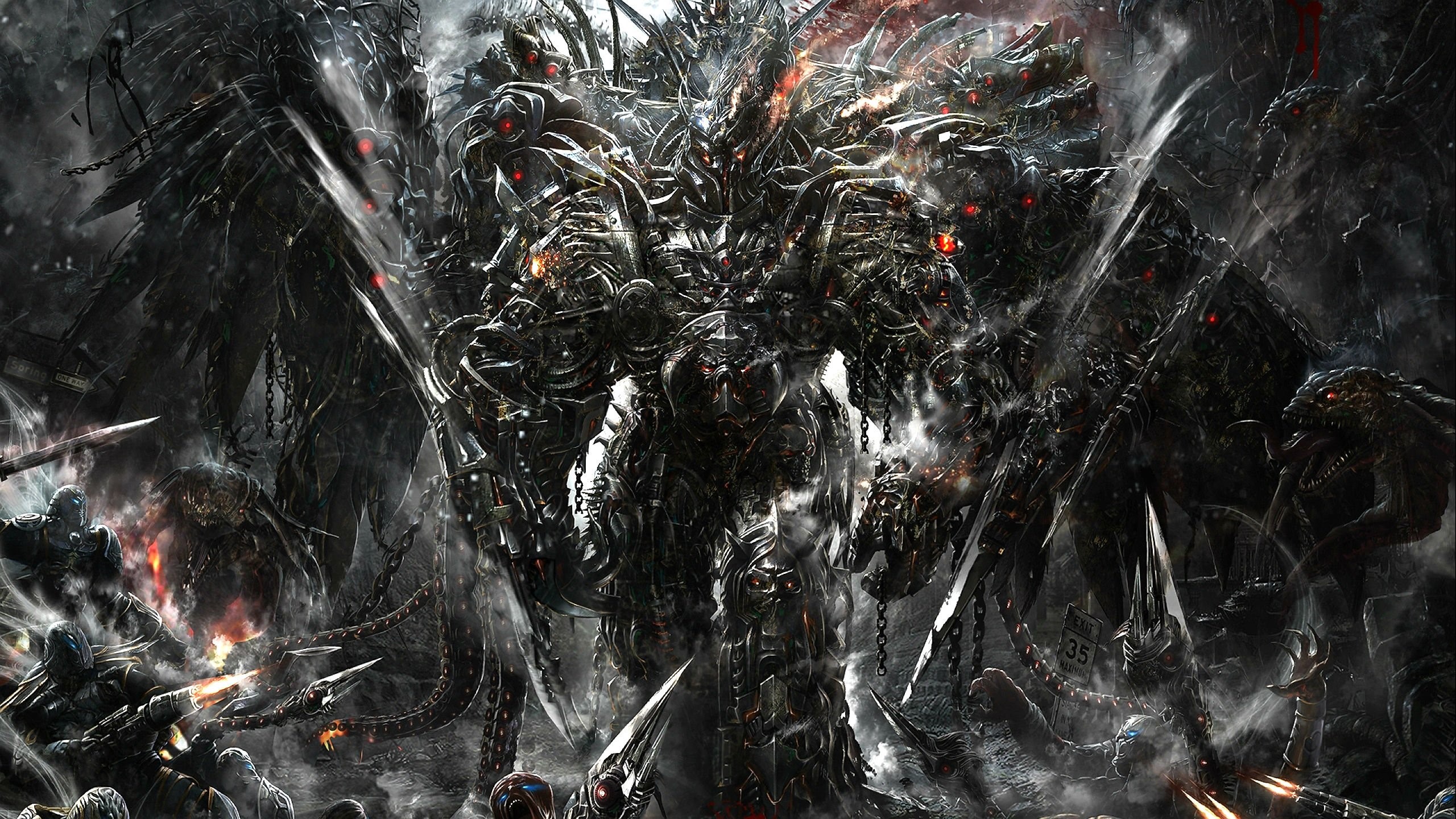 dark, Fantasy Men, machine, futuristic, futuristic armor, armor, digital art, red eyes, science fiction, HD Wallpaper
