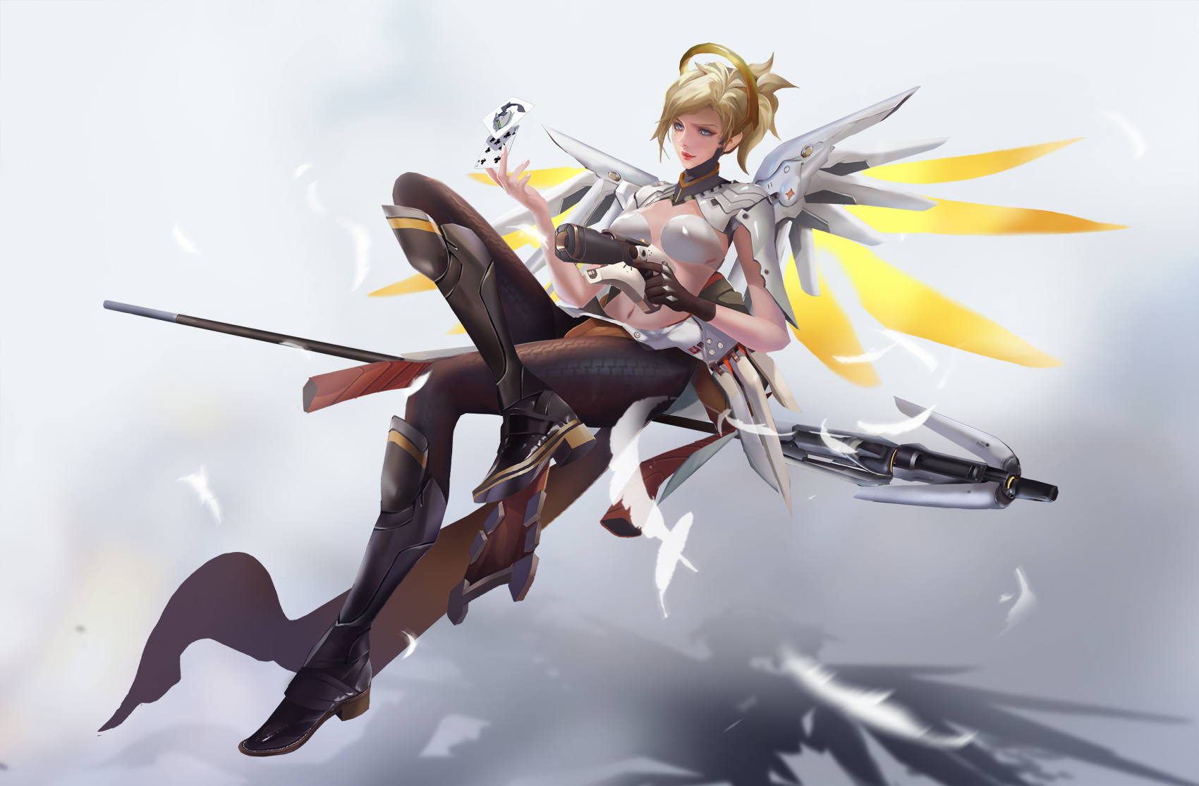 Mercy (Overwatch), Mercy, Overwatch, video games, video game characters, artwork, digital art, blonde, wings, women, poker, gun, HD Wallpaper