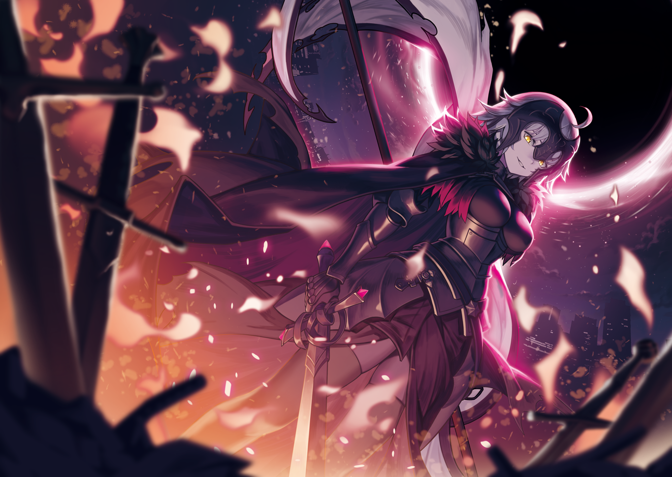 Jeanne (Alter) (Fate/Grand Order), Avenger (Fate/Grand Order), Fate Series, sword, fire, girl in armor, yellow eyes, short hair, blonde, video game girls, white hair, HD Wallpaper
