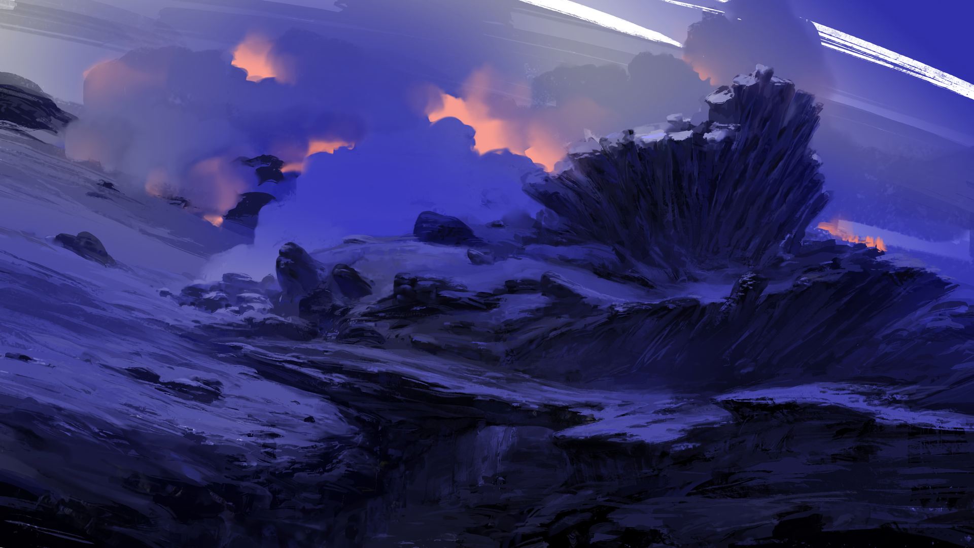 artwork, digital art, rocks, clouds, smoke, sky, night, purple, HD Wallpaper